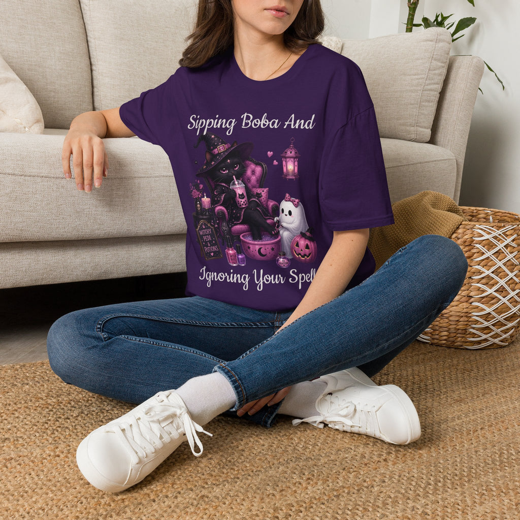 Witch Cat Graphic T-Shirt — Cute Halloween Cat with Lantern & Pumpkin