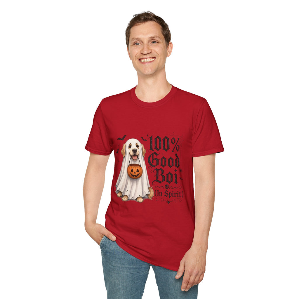 Halloween Dog T-Shirt - "100% Good Boi" Ghost Puppy with Pumpkin