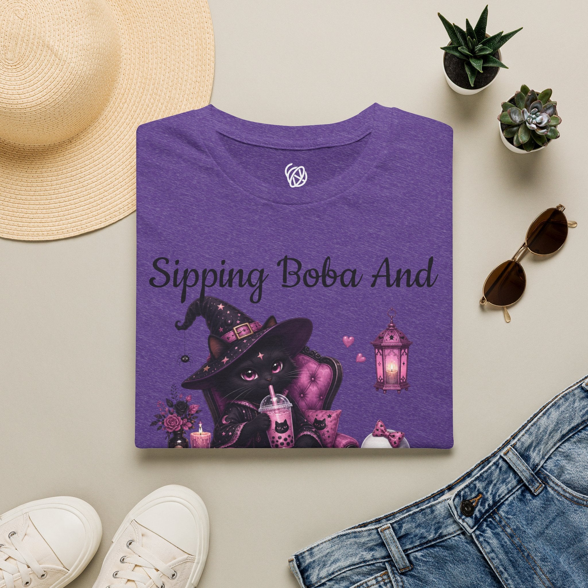Witch Cat Graphic T-Shirt — Cute Halloween Cat with Lantern & Pumpkin