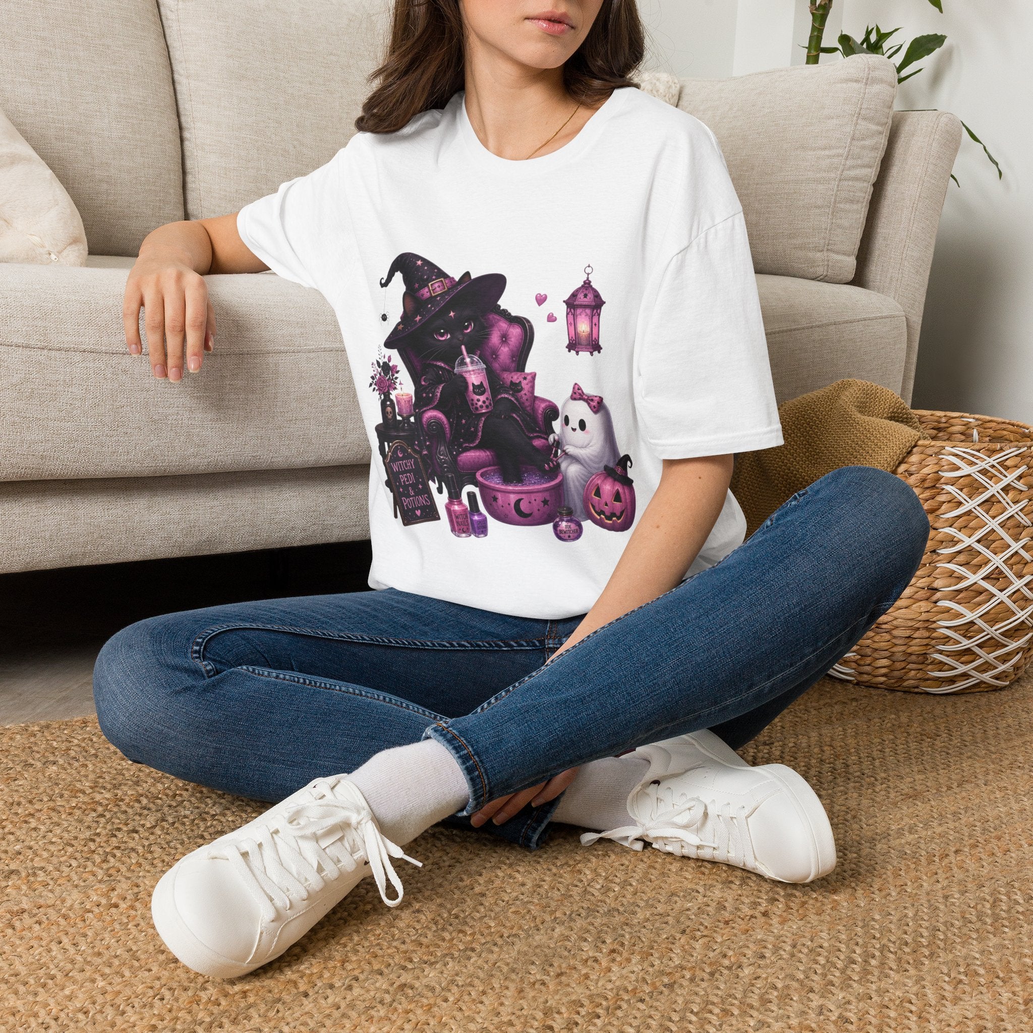 Witch Cat Graphic T-Shirt — Cute Halloween Cat with Lantern & Pumpkin