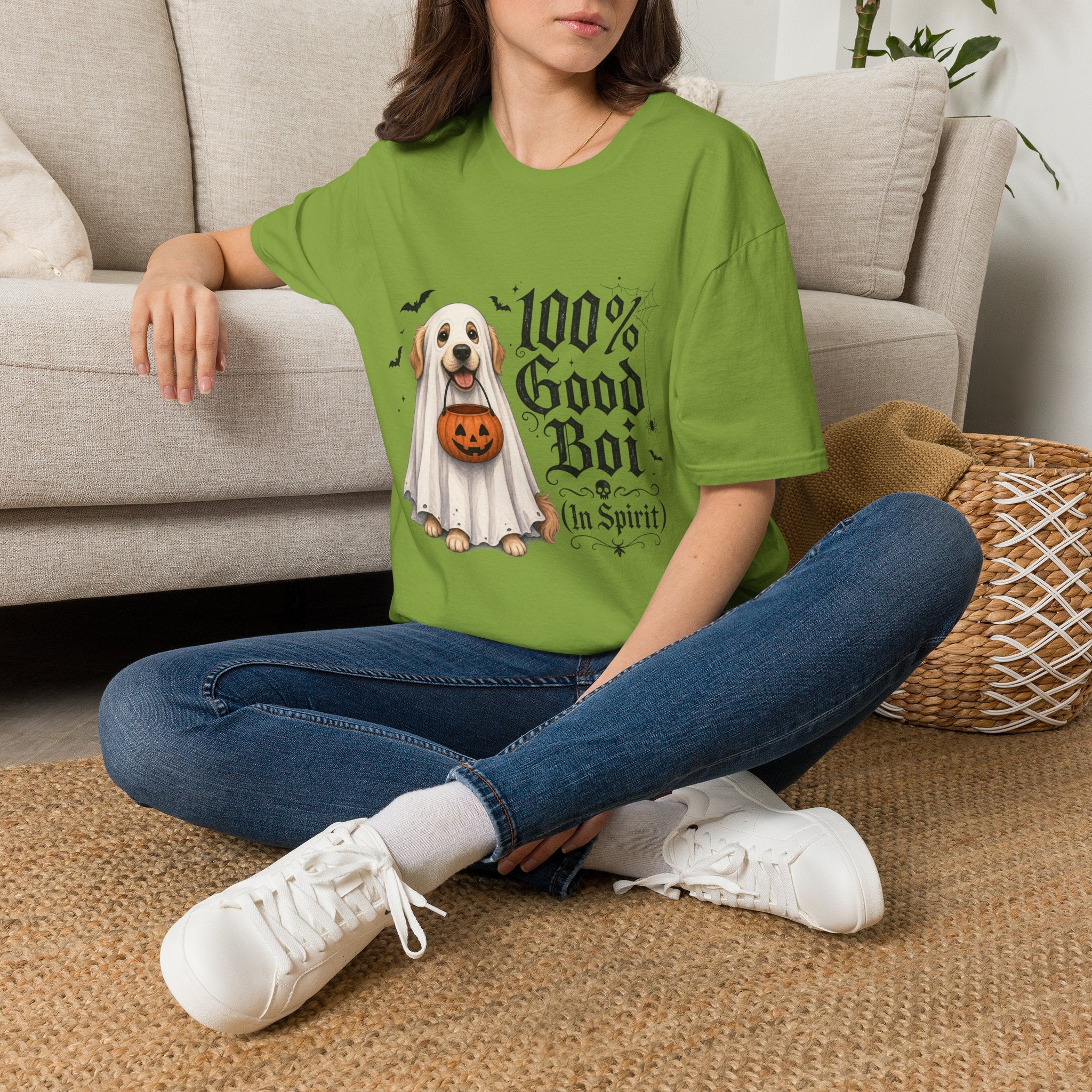 Halloween Dog T-Shirt - "100% Good Boi" Ghost Puppy with Pumpkin
