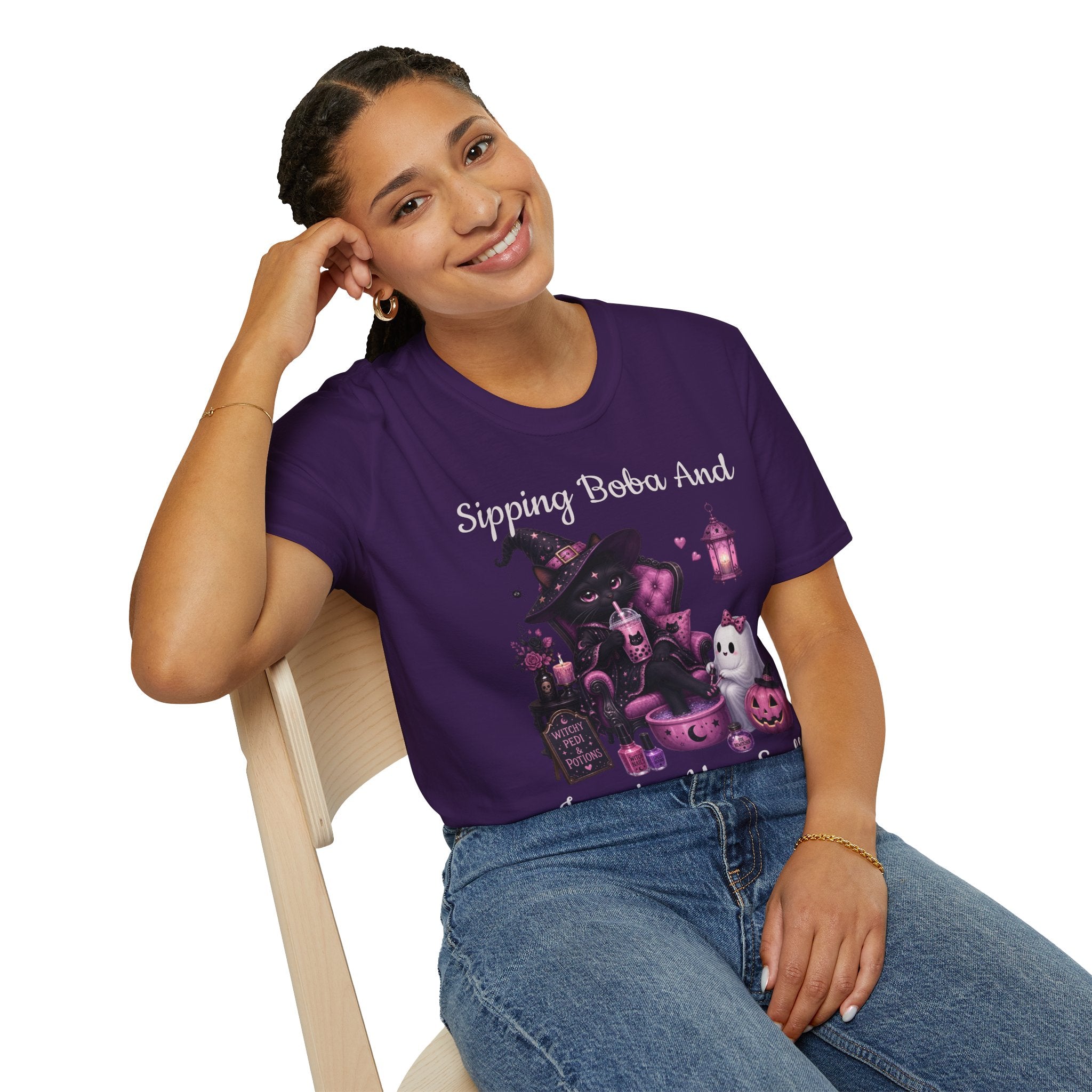 Witch Cat Graphic T-Shirt — Cute Halloween Cat with Lantern & Pumpkin