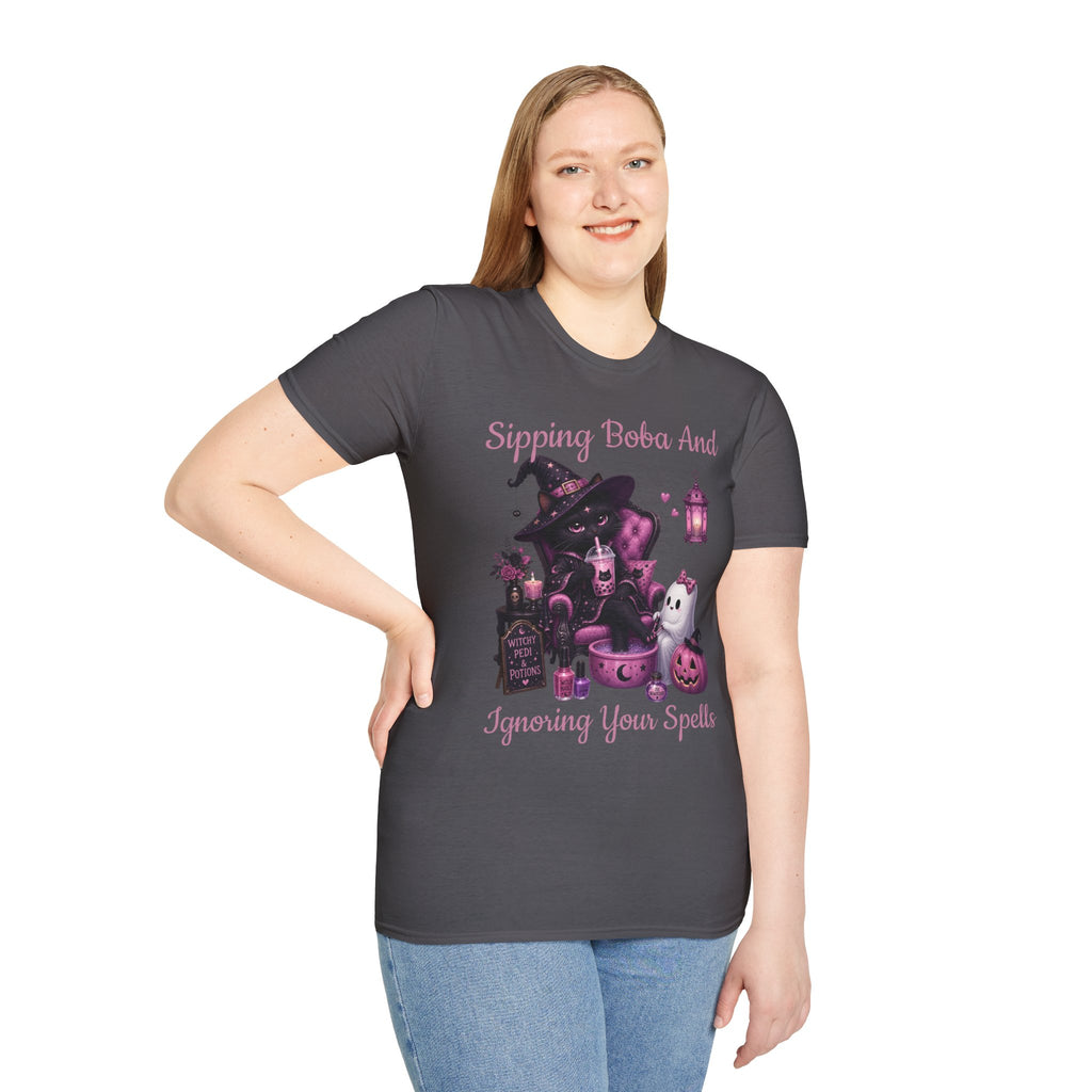 Witch Cat Graphic T-Shirt — Cute Halloween Cat with Lantern & Pumpkin