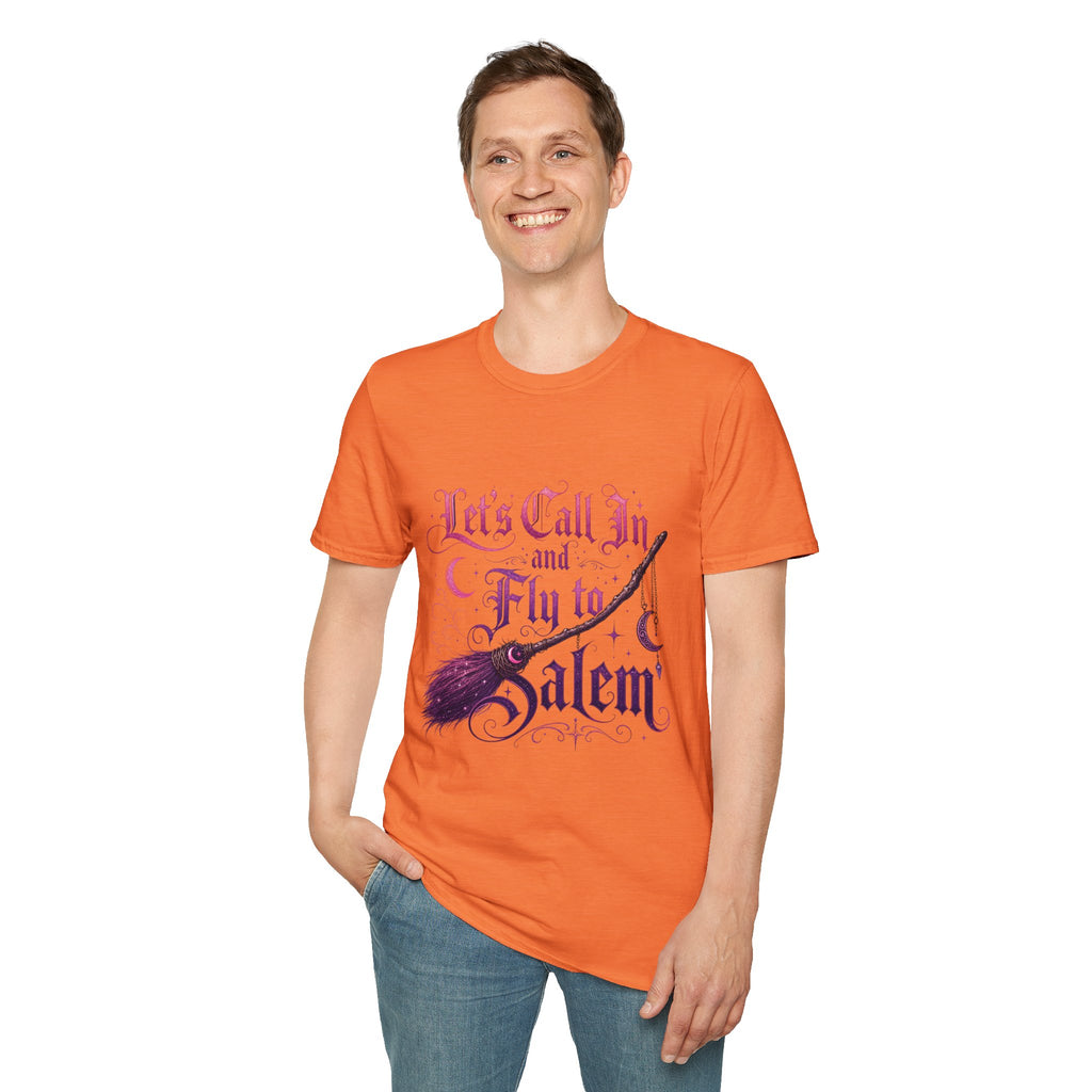Let's Call In and Fly to Salem T-Shirt — Witchy Broomstick Gothic Tee