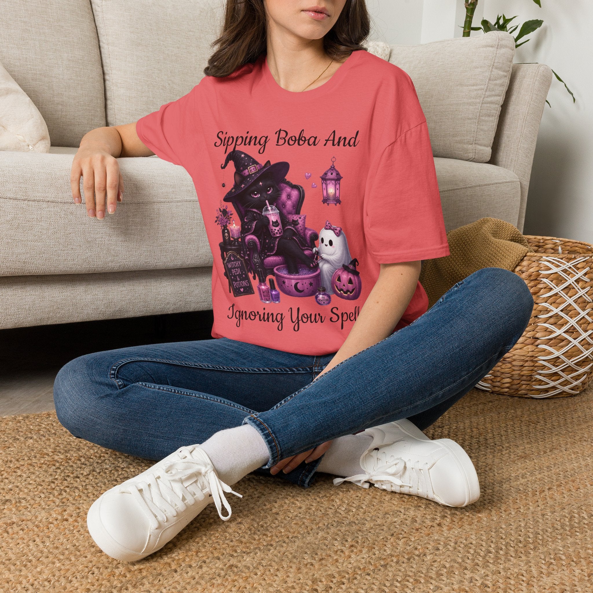 Witch Cat Graphic T-Shirt — Cute Halloween Cat with Lantern & Pumpkin