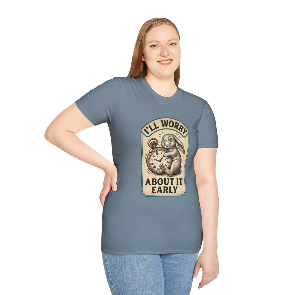 I'll Worry About It Early T-Shirt — Vintage Bunny Holding Clock