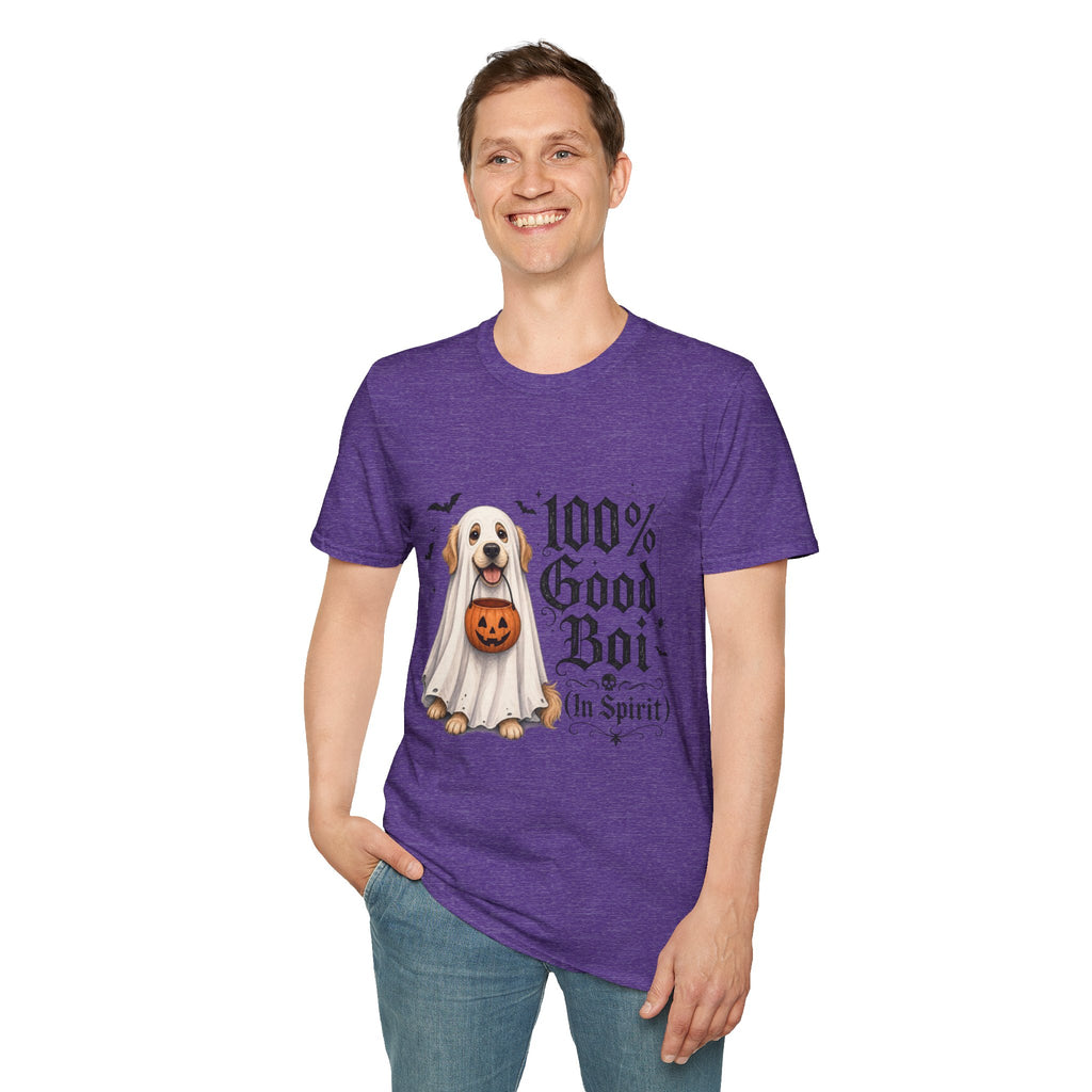 Halloween Dog T-Shirt - "100% Good Boi" Ghost Puppy with Pumpkin