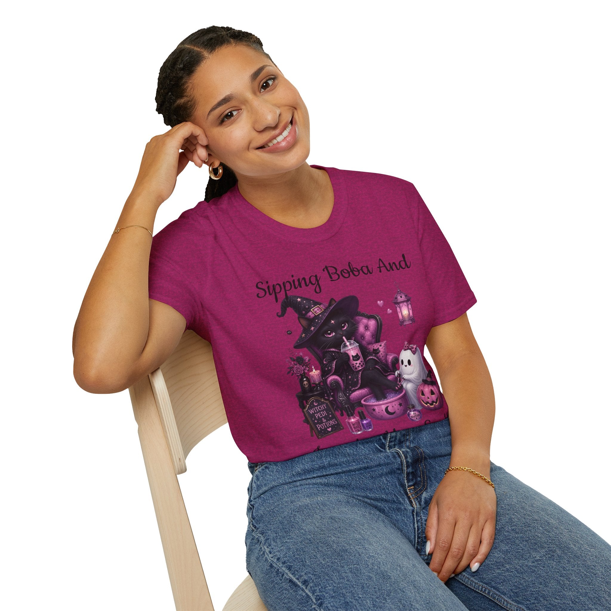Witch Cat Graphic T-Shirt — Cute Halloween Cat with Lantern & Pumpkin