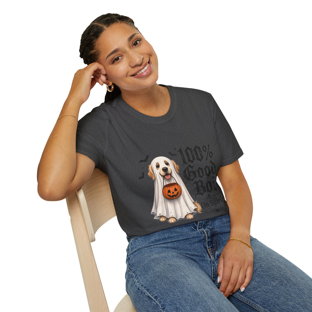 Halloween Dog T-Shirt - "100% Good Boi" Ghost Puppy with Pumpkin