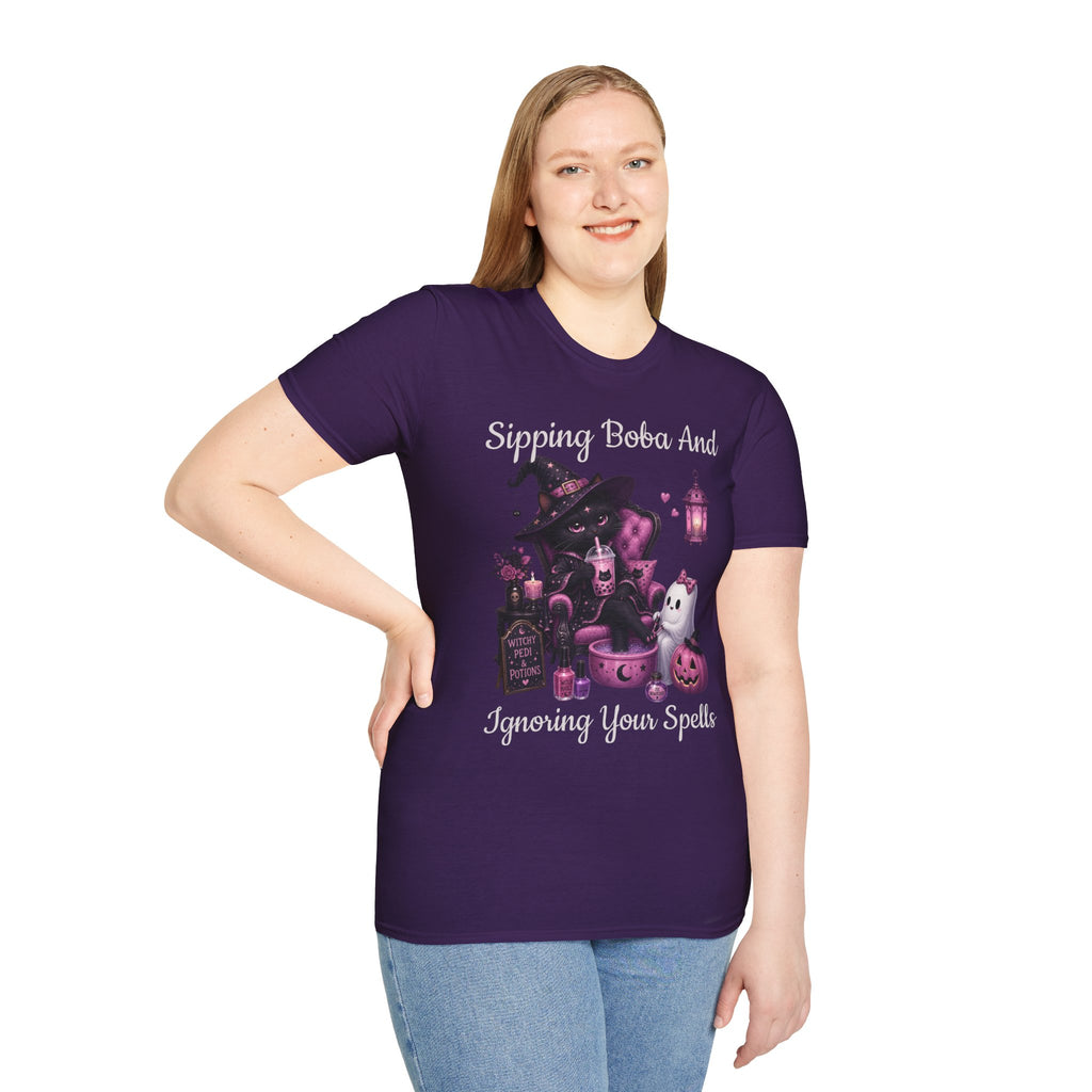 Witch Cat Graphic T-Shirt — Cute Halloween Cat with Lantern & Pumpkin