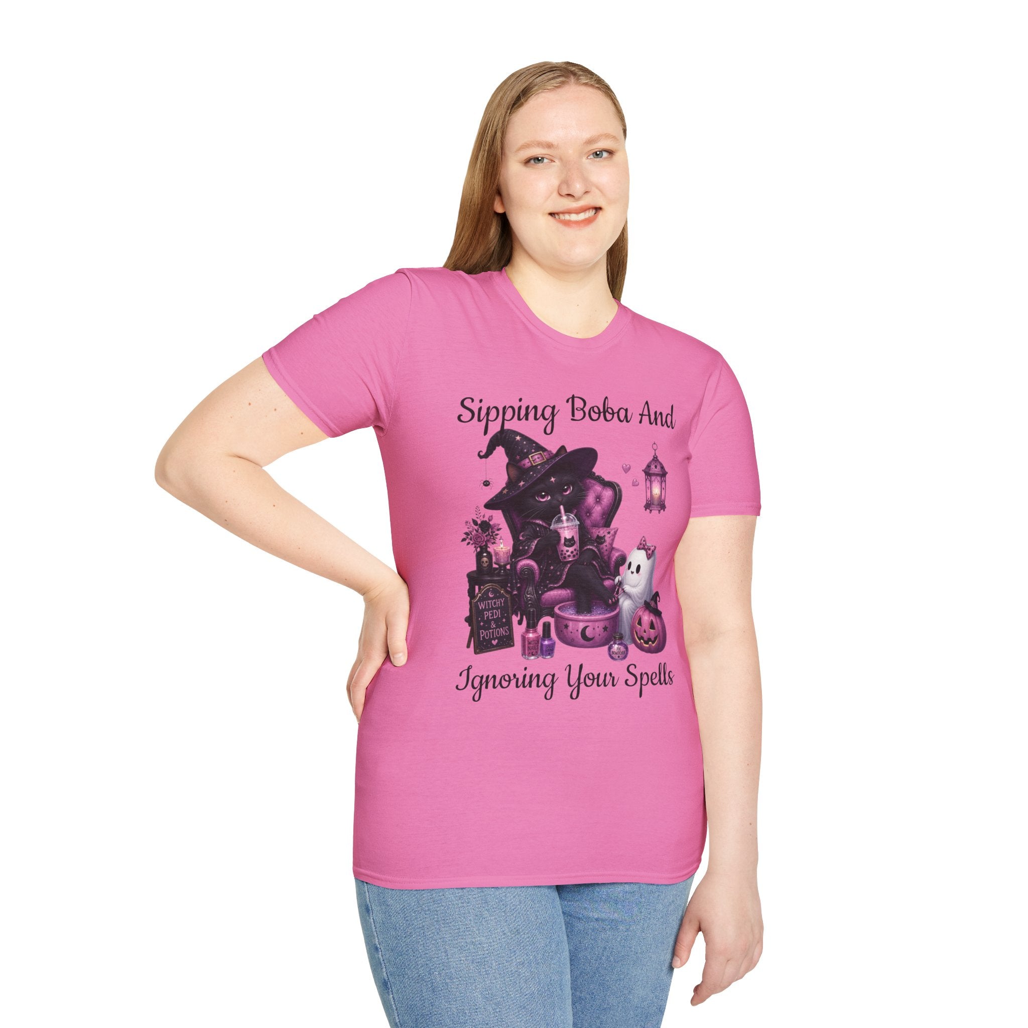 Witch Cat Graphic T-Shirt — Cute Halloween Cat with Lantern & Pumpkin