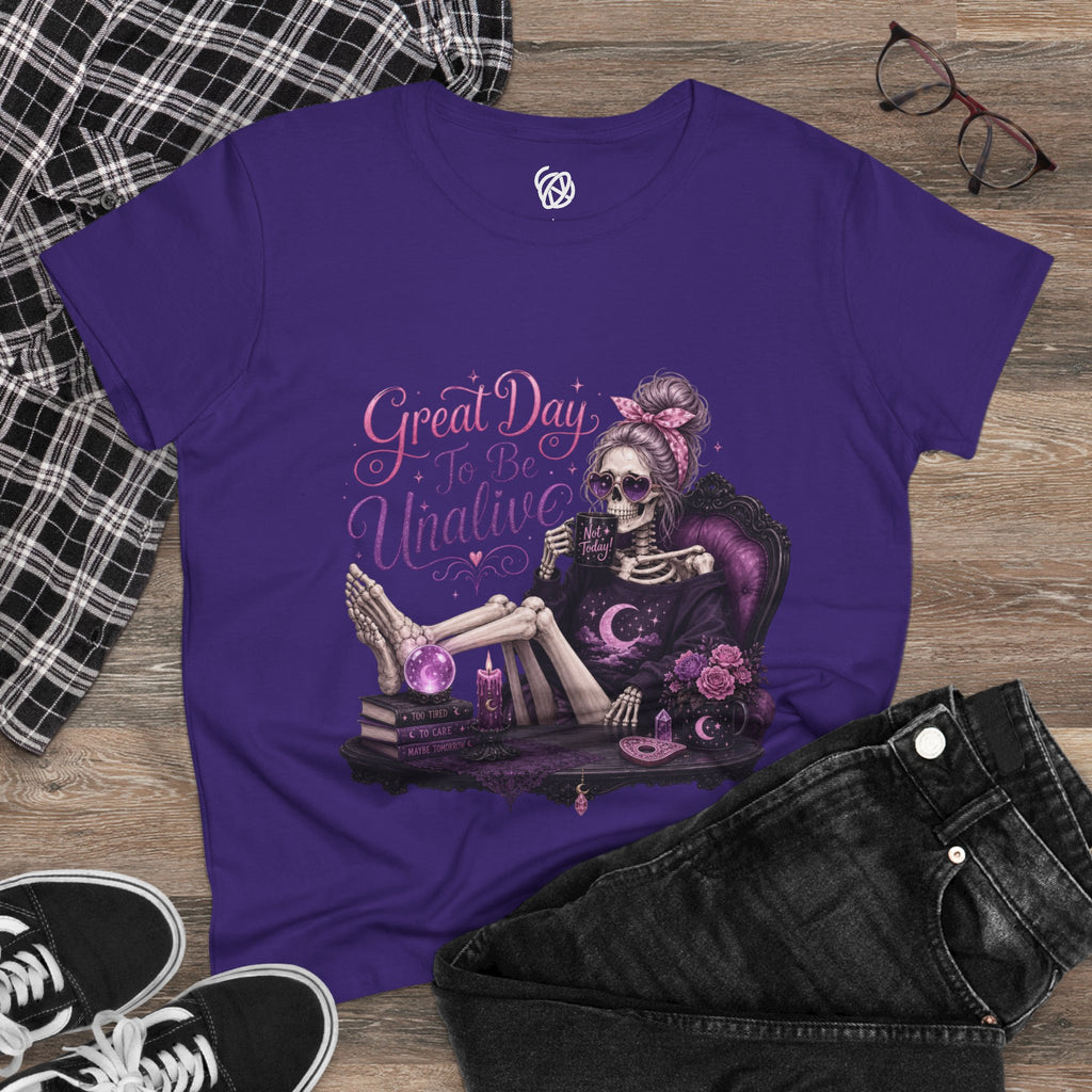 Vintage Gothic Tee — "Great Day To Be Unalive" Skeleton Lounge Shirt