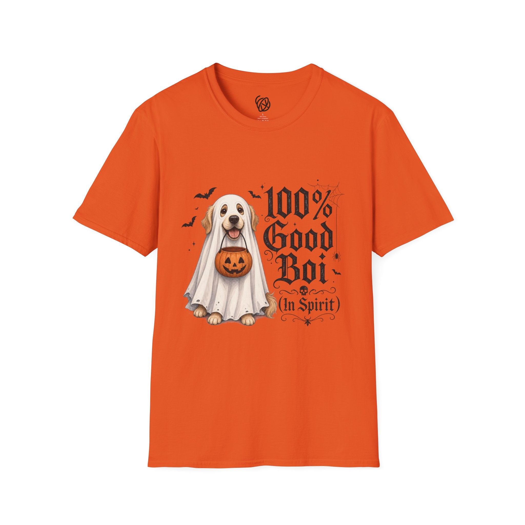 Halloween Dog T-Shirt - "100% Good Boi" Ghost Puppy with Pumpkin