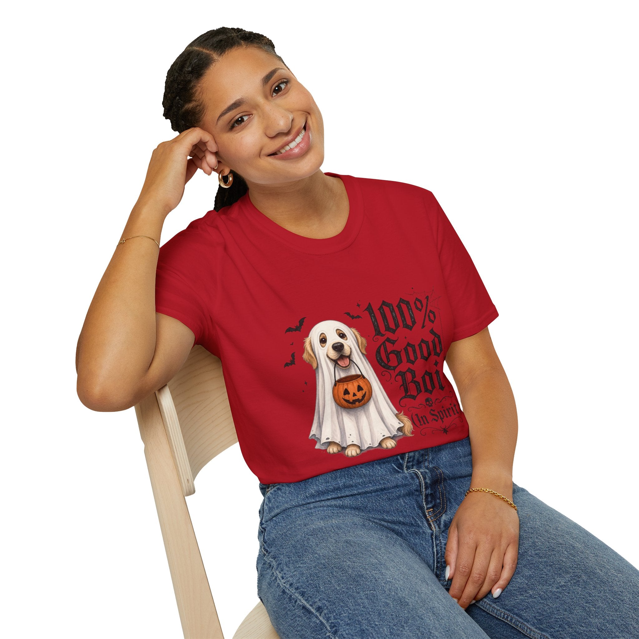 Halloween Dog T-Shirt - "100% Good Boi" Ghost Puppy with Pumpkin
