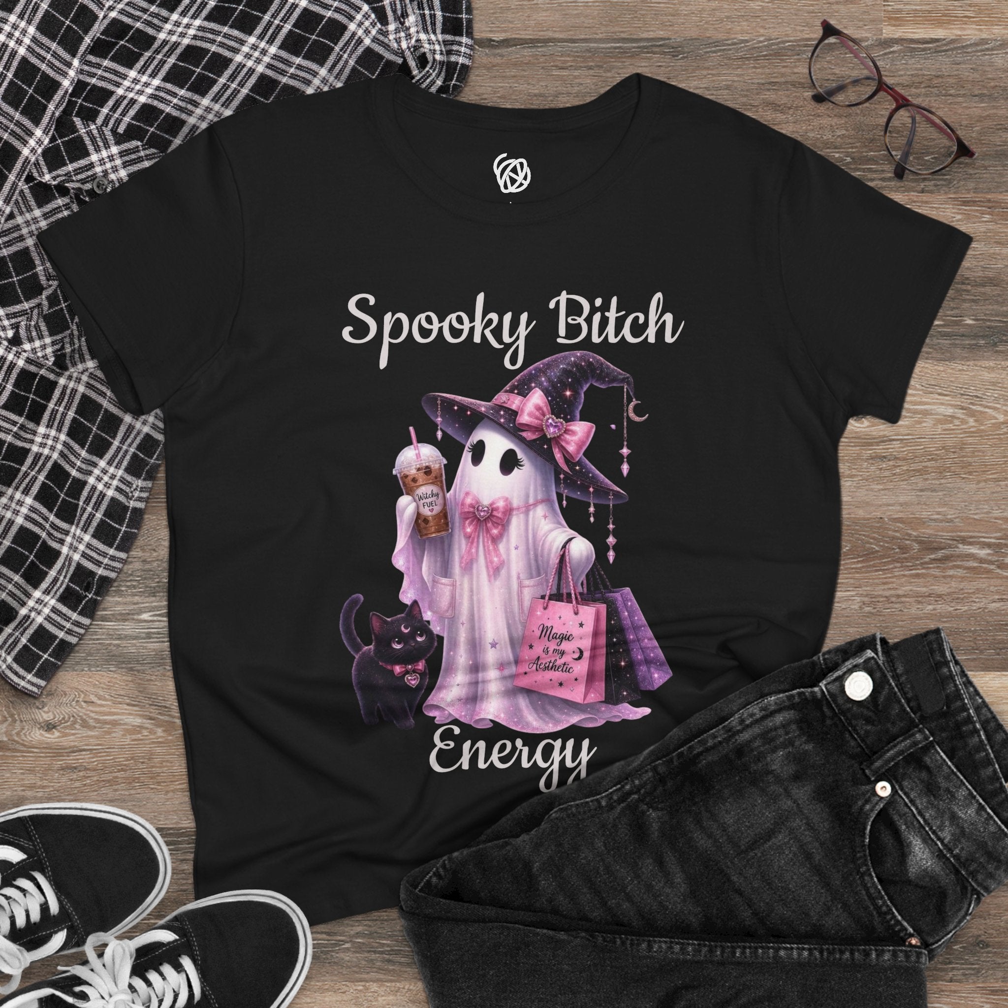 Spooky Bitch Energy Tee — Cute Witch Ghost Halloween T‑Shirt for Women