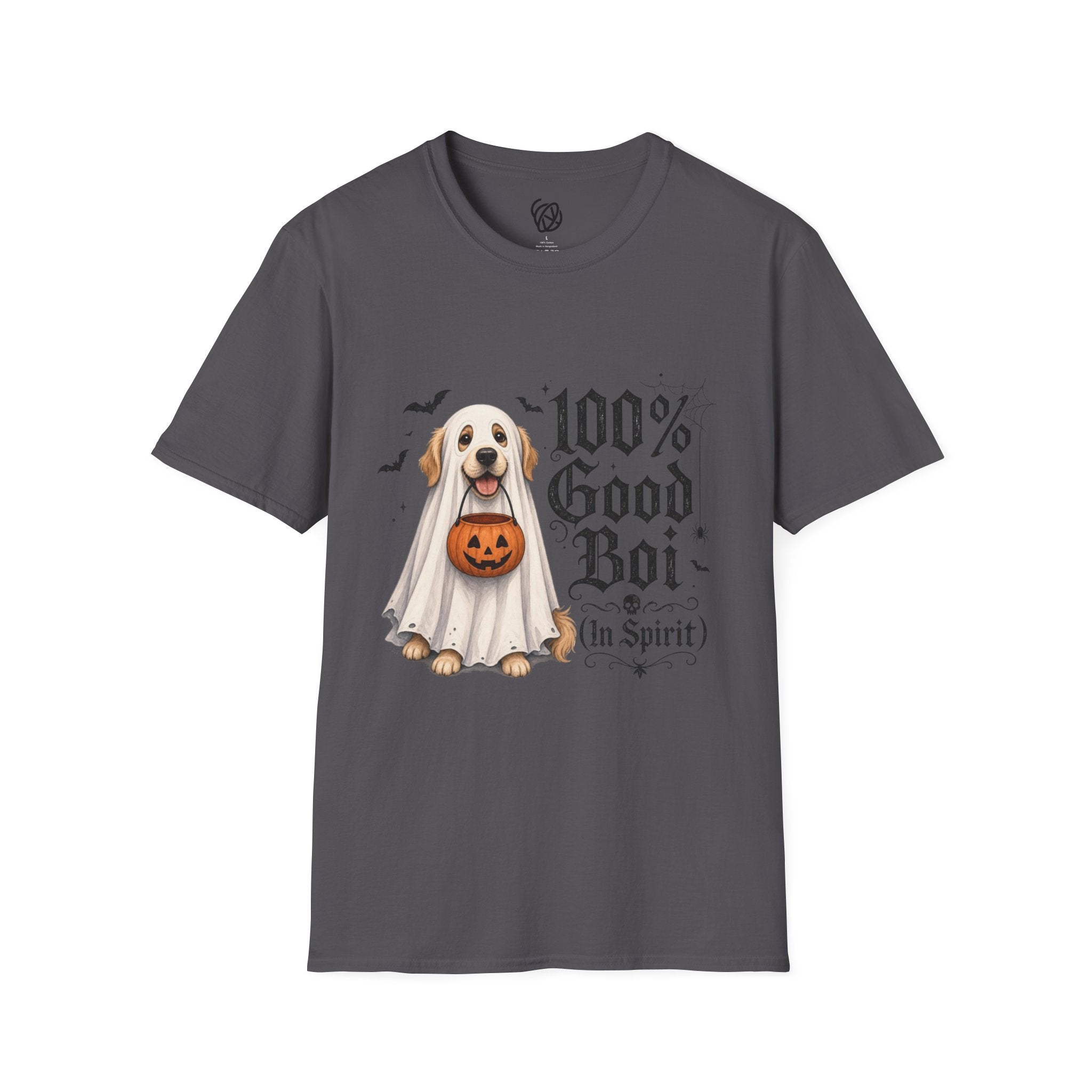 Halloween Dog T-Shirt - "100% Good Boi" Ghost Puppy with Pumpkin