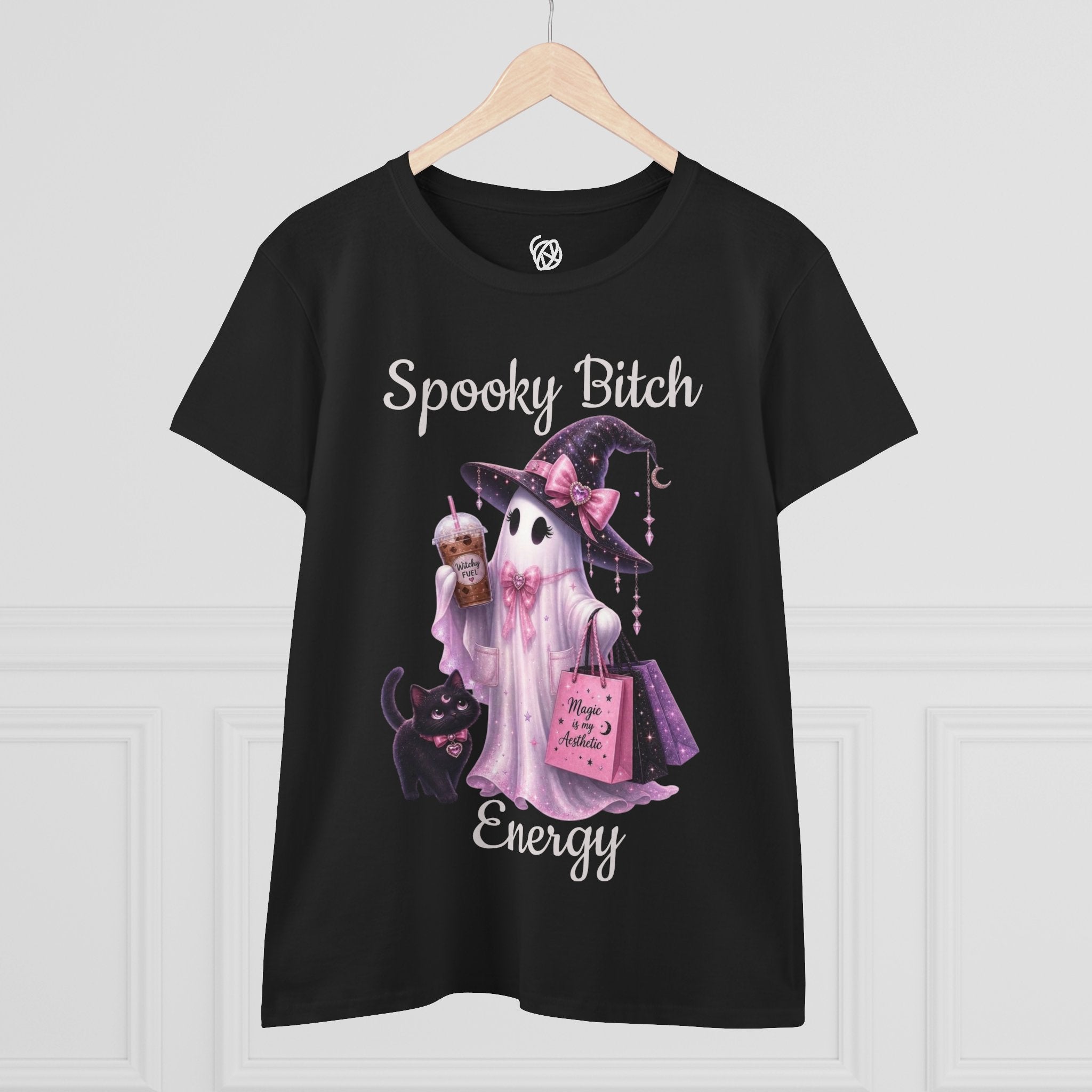 Spooky Bitch Energy Tee — Cute Witch Ghost Halloween T‑Shirt for Women