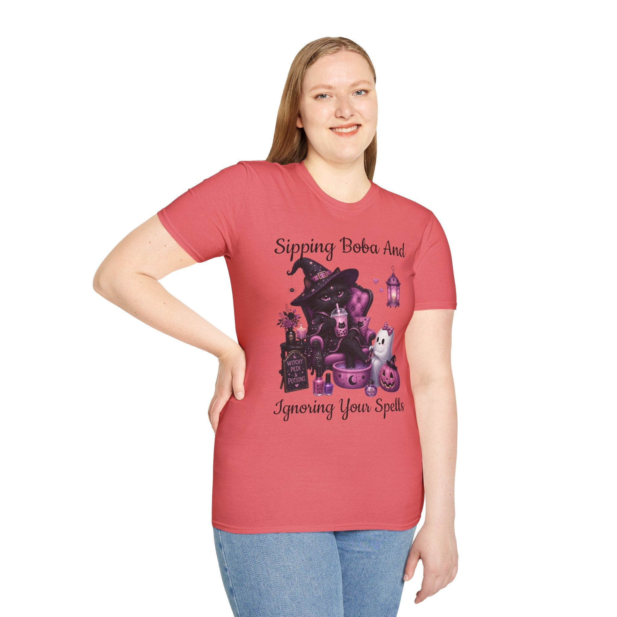 Witch Cat Graphic T-Shirt — Cute Halloween Cat with Lantern & Pumpkin