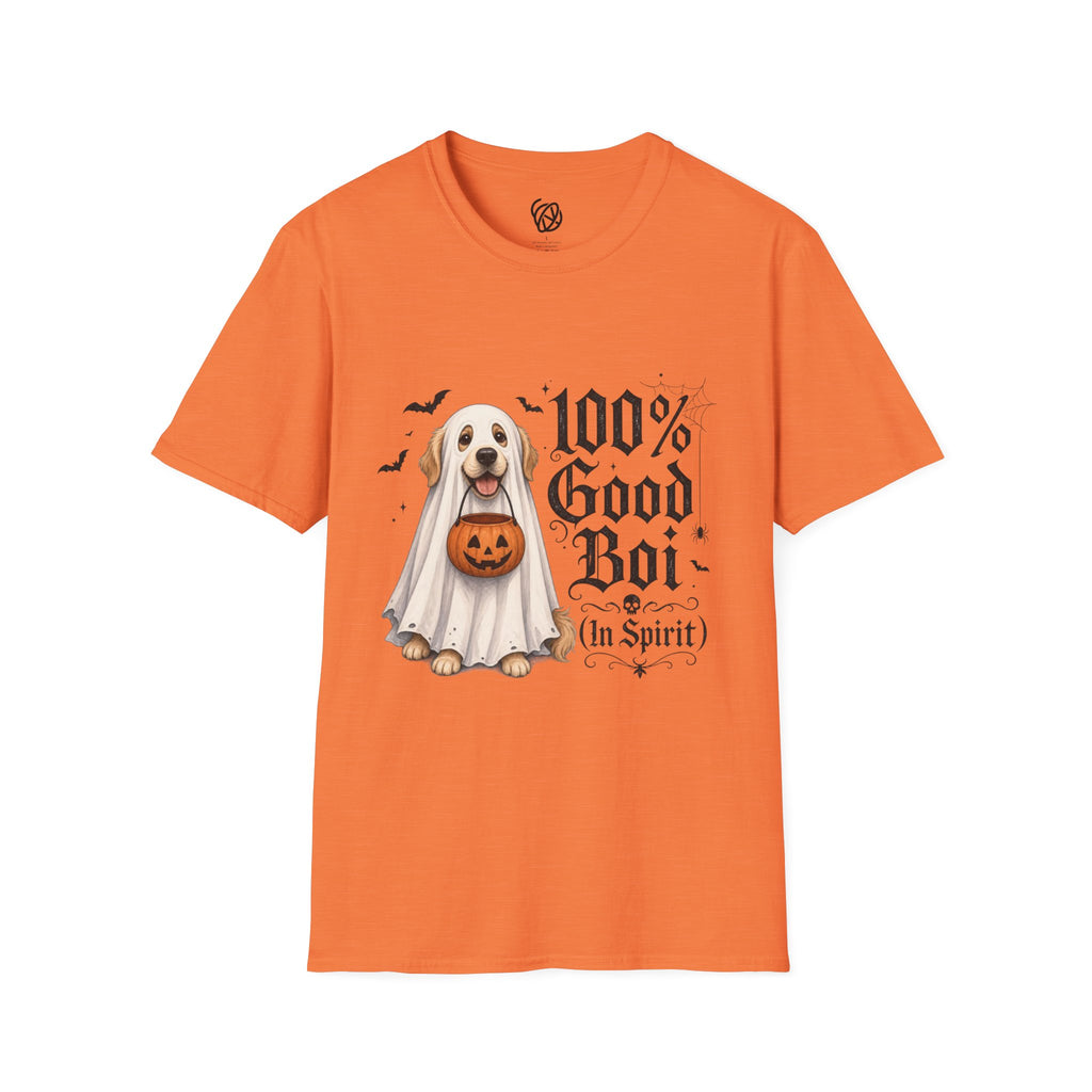 Halloween Dog T-Shirt - "100% Good Boi" Ghost Puppy with Pumpkin