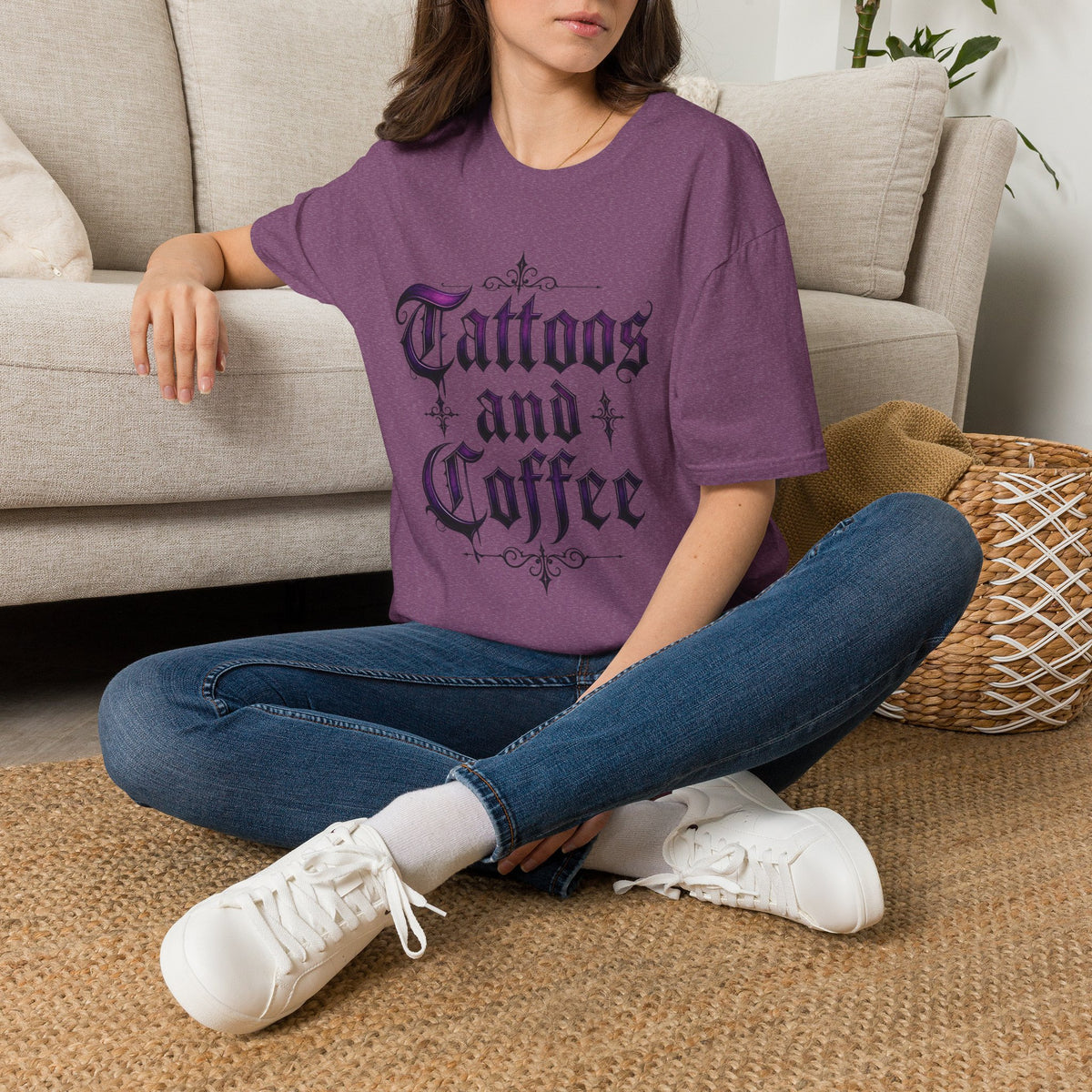 "Tattoos and Coffee" T-Shirt — Gothic Script Graphic Tee for Coffee & Ink Lovers