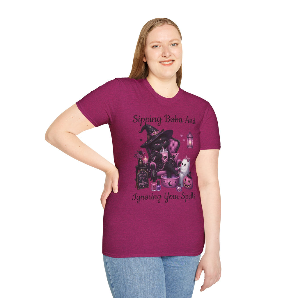 Witch Cat Graphic T-Shirt — Cute Halloween Cat with Lantern & Pumpkin