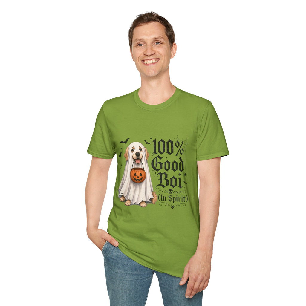 Halloween Dog T-Shirt - "100% Good Boi" Ghost Puppy with Pumpkin