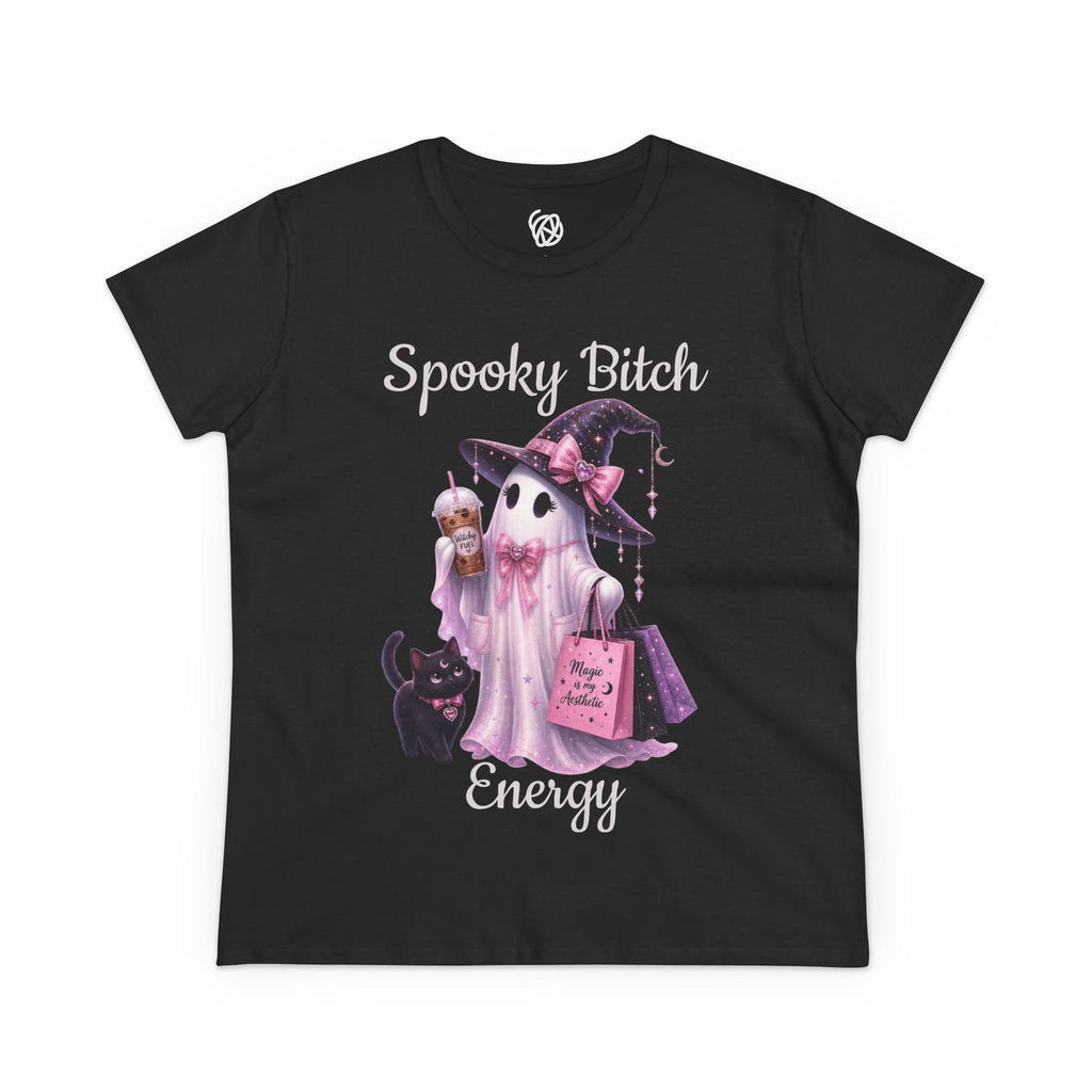 Spooky Bitch Energy Tee — Cute Witch Ghost Halloween T‑Shirt for Women