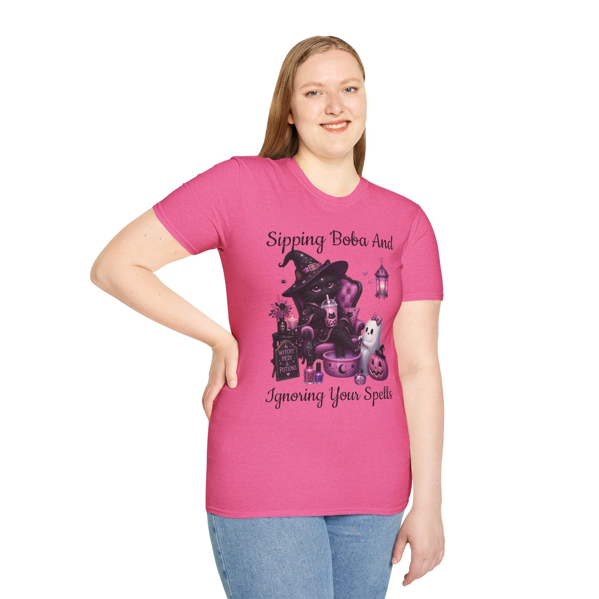 Witch Cat Graphic T-Shirt — Cute Halloween Cat with Lantern & Pumpkin