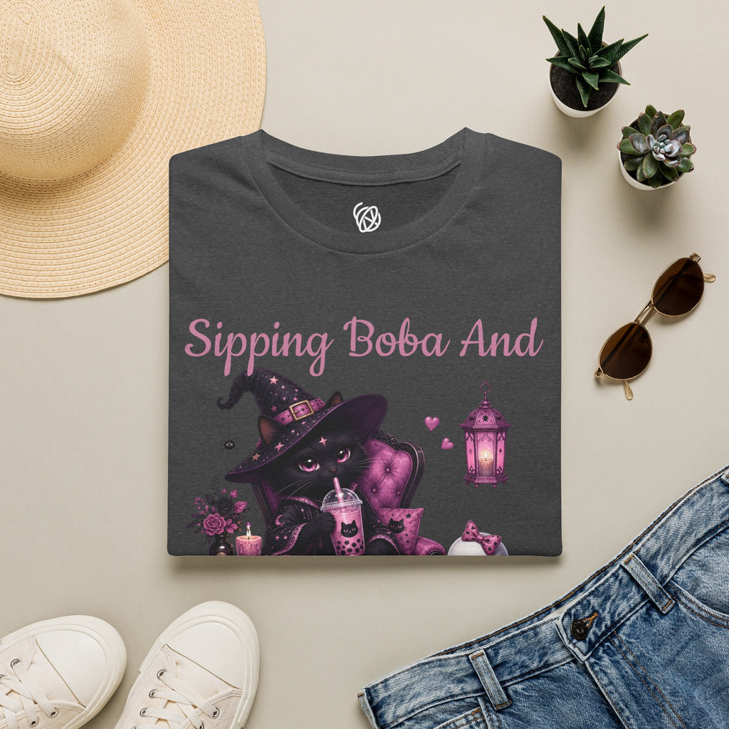 Witch Cat Graphic T-Shirt — Cute Halloween Cat with Lantern & Pumpkin