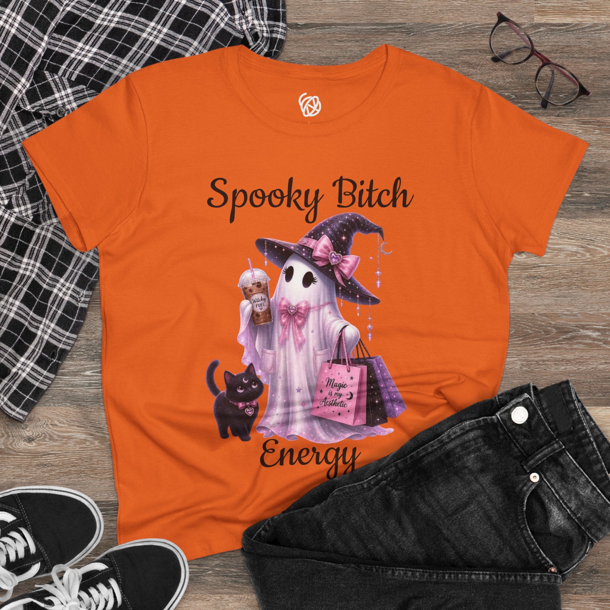 Spooky Bitch Energy Tee — Cute Witch Ghost Halloween T‑Shirt for Women