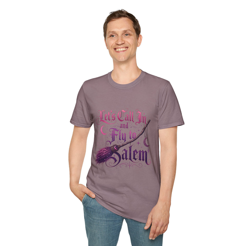 Let's Call In and Fly to Salem T-Shirt — Witchy Broomstick Gothic Tee