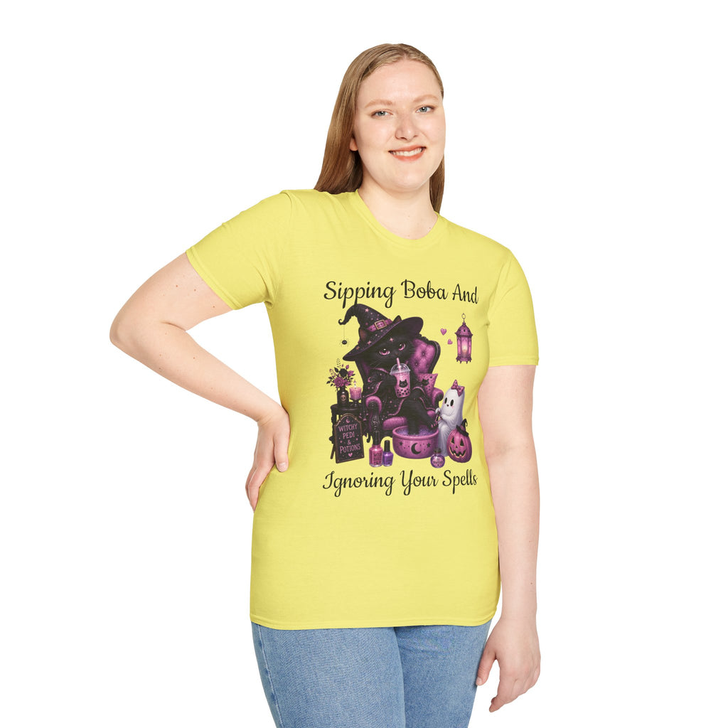 Witch Cat Graphic T-Shirt — Cute Halloween Cat with Lantern & Pumpkin