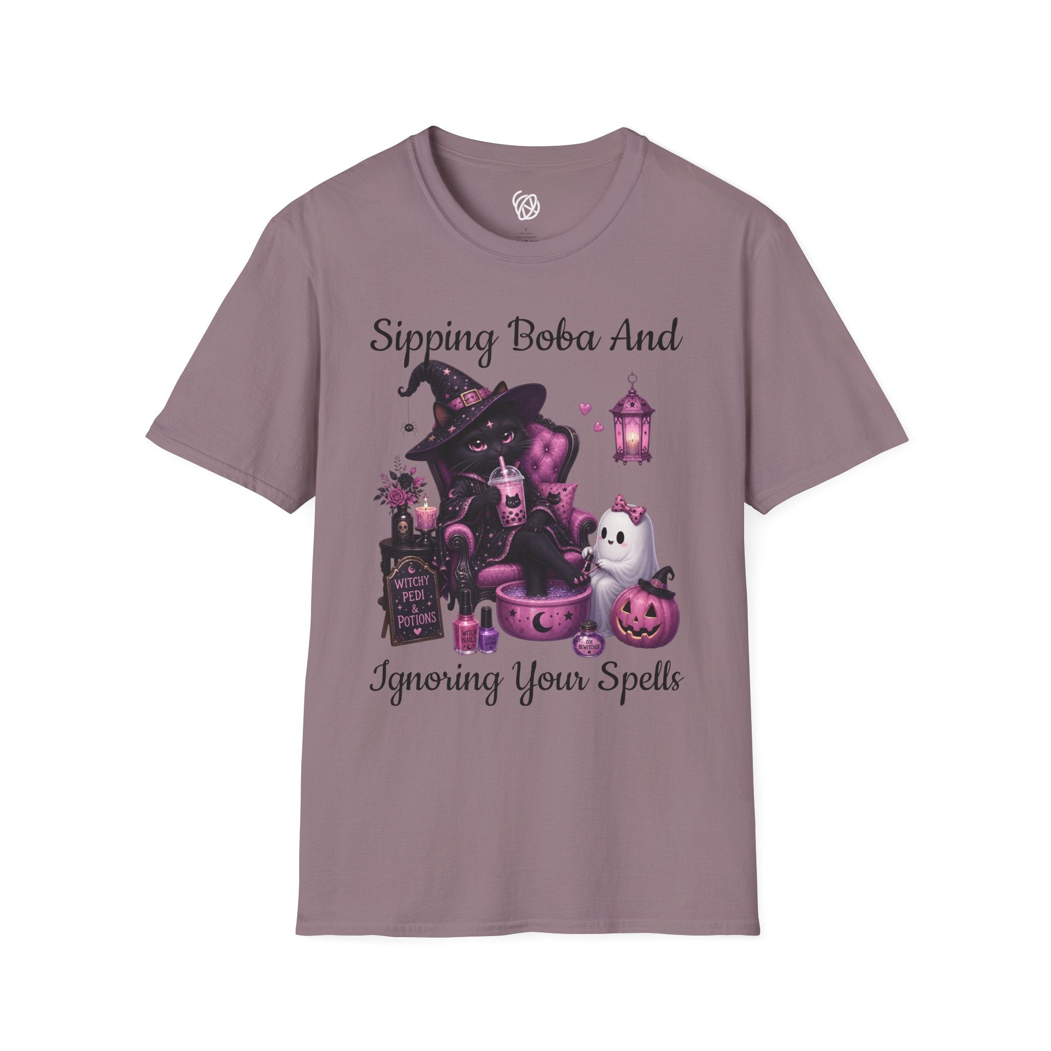 Witch Cat Graphic T-Shirt — Cute Halloween Cat with Lantern & Pumpkin