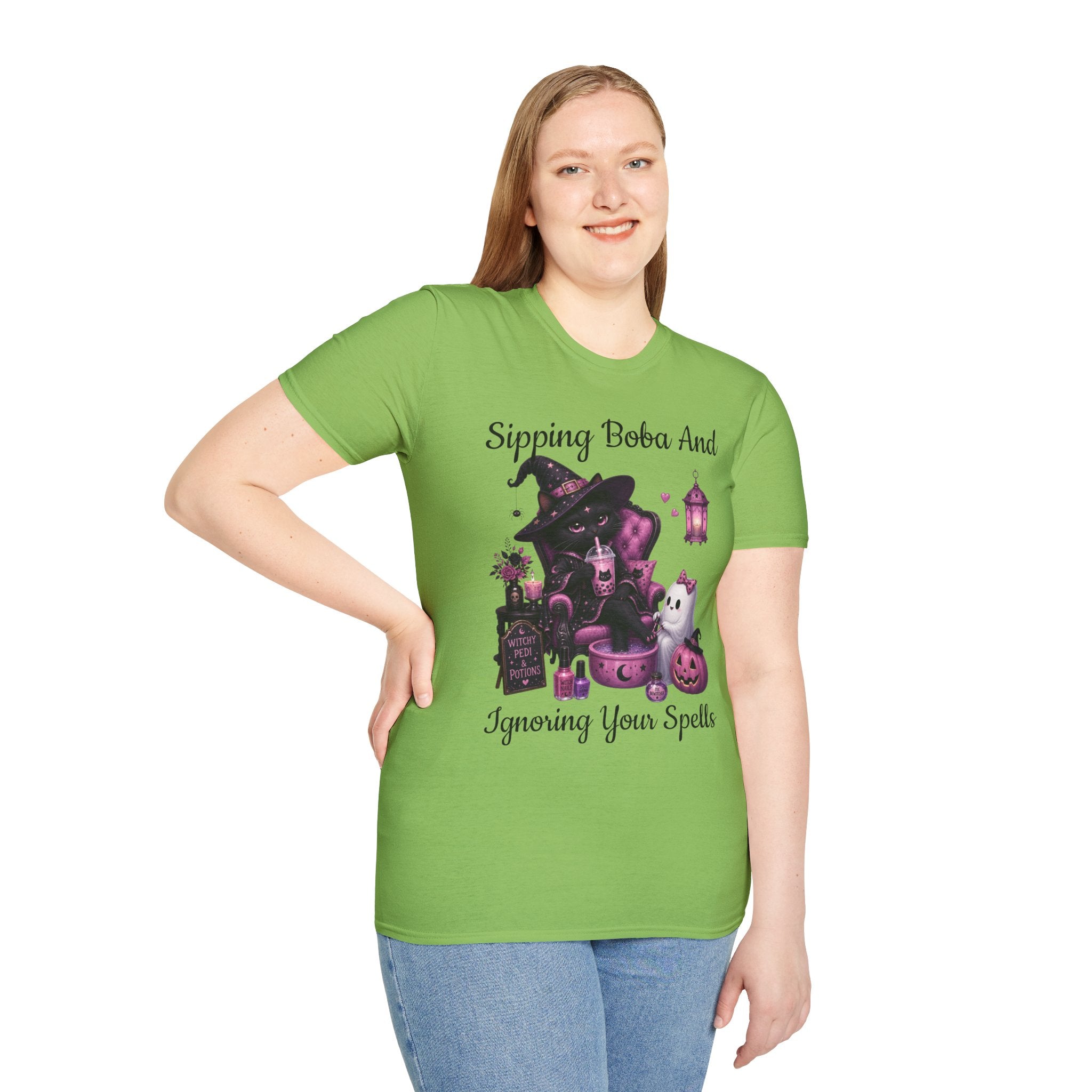 Witch Cat Graphic T-Shirt — Cute Halloween Cat with Lantern & Pumpkin