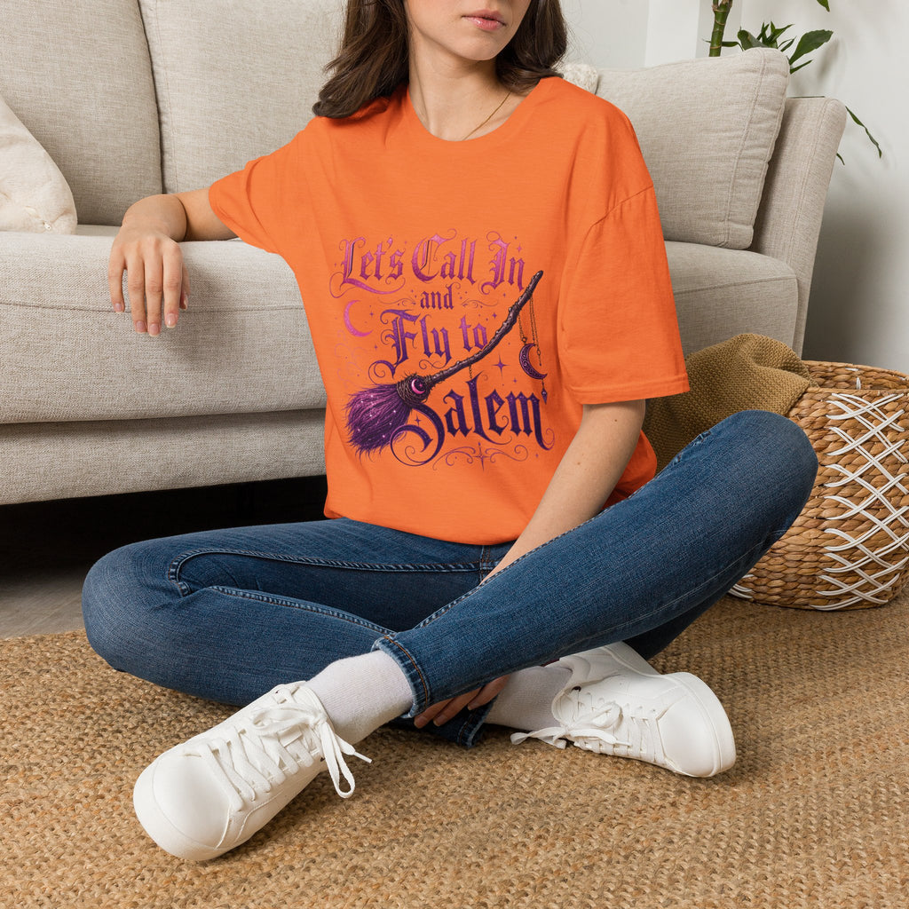 Let's Call In and Fly to Salem T-Shirt — Witchy Broomstick Gothic Tee