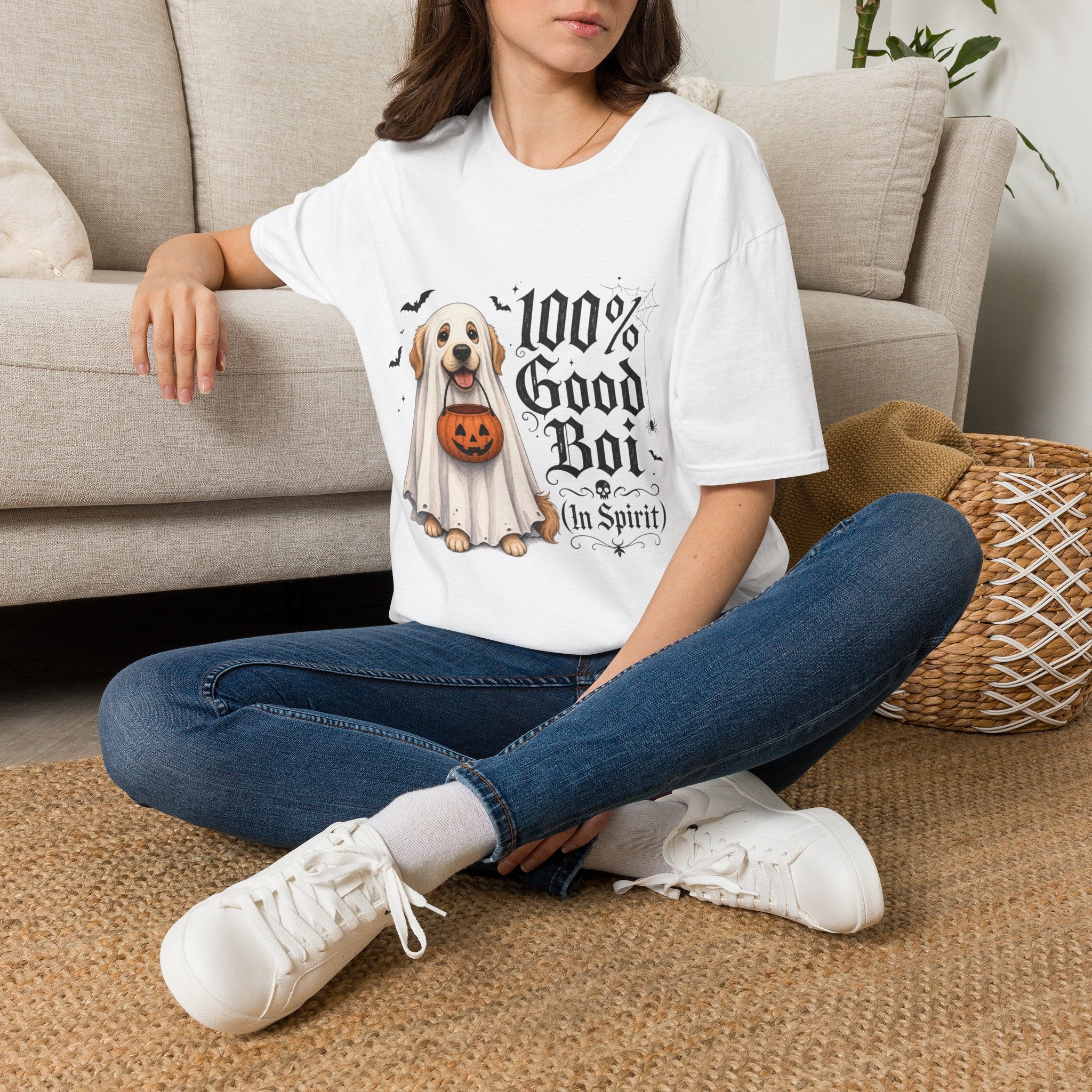 Halloween Dog T-Shirt - "100% Good Boi" Ghost Puppy with Pumpkin