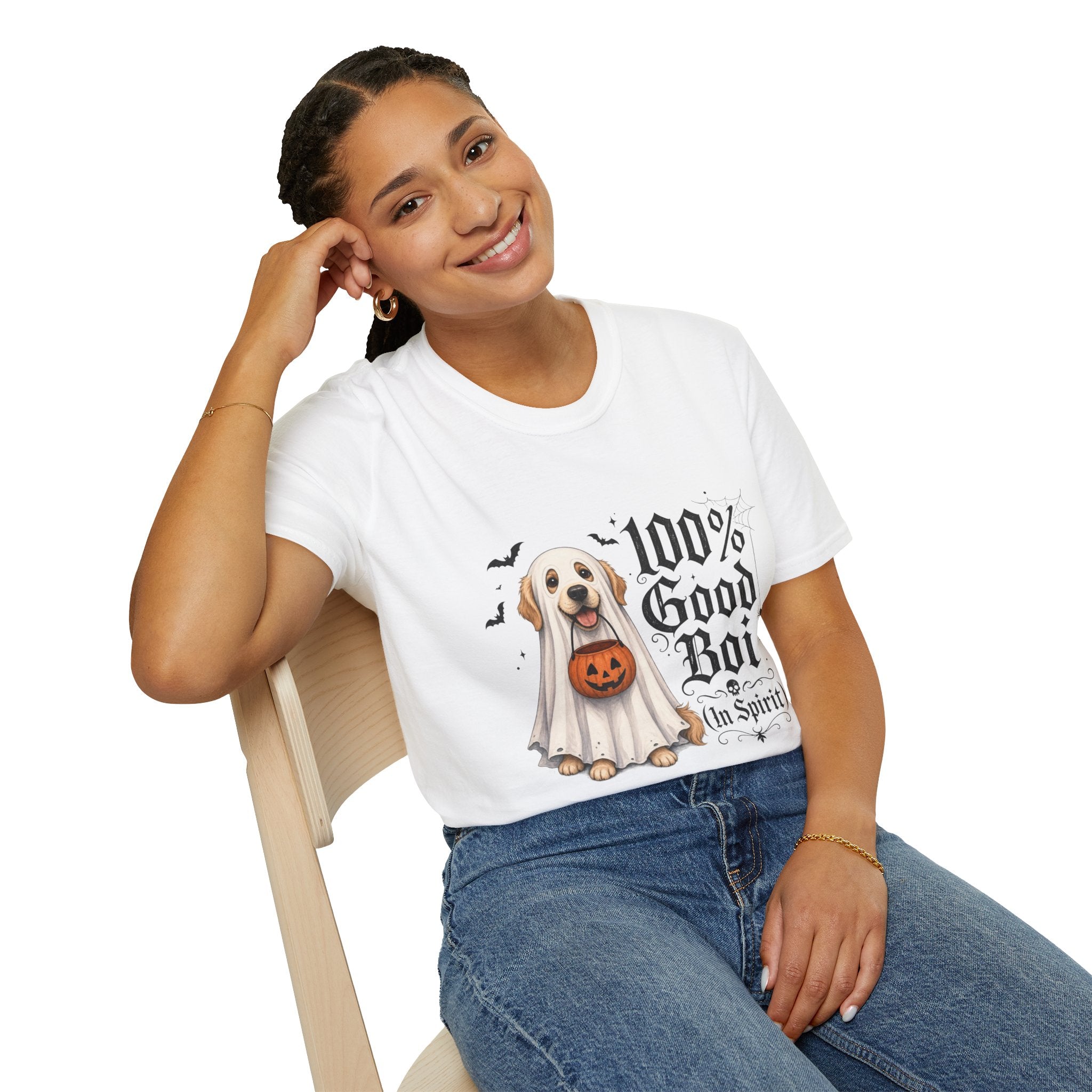 Halloween Dog T-Shirt - "100% Good Boi" Ghost Puppy with Pumpkin
