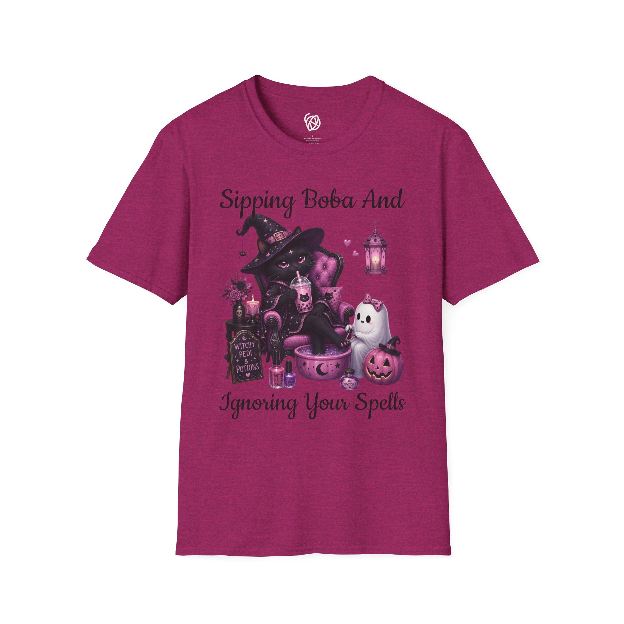 Witch Cat Graphic T-Shirt — Cute Halloween Cat with Lantern & Pumpkin