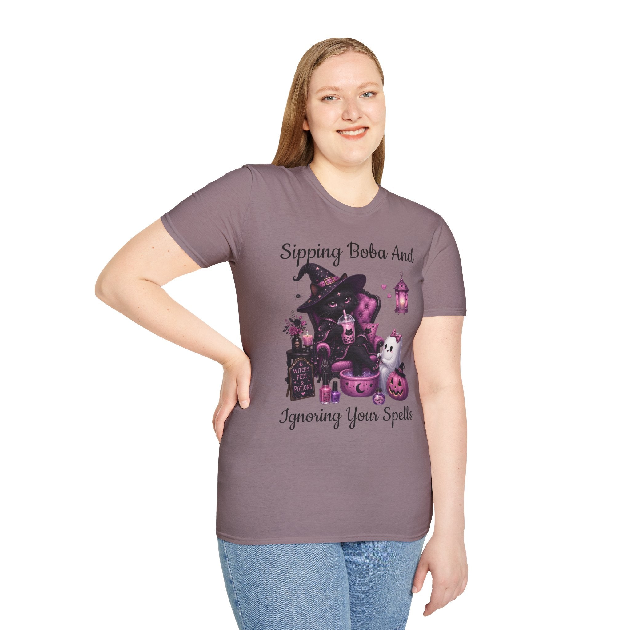 Witch Cat Graphic T-Shirt — Cute Halloween Cat with Lantern & Pumpkin