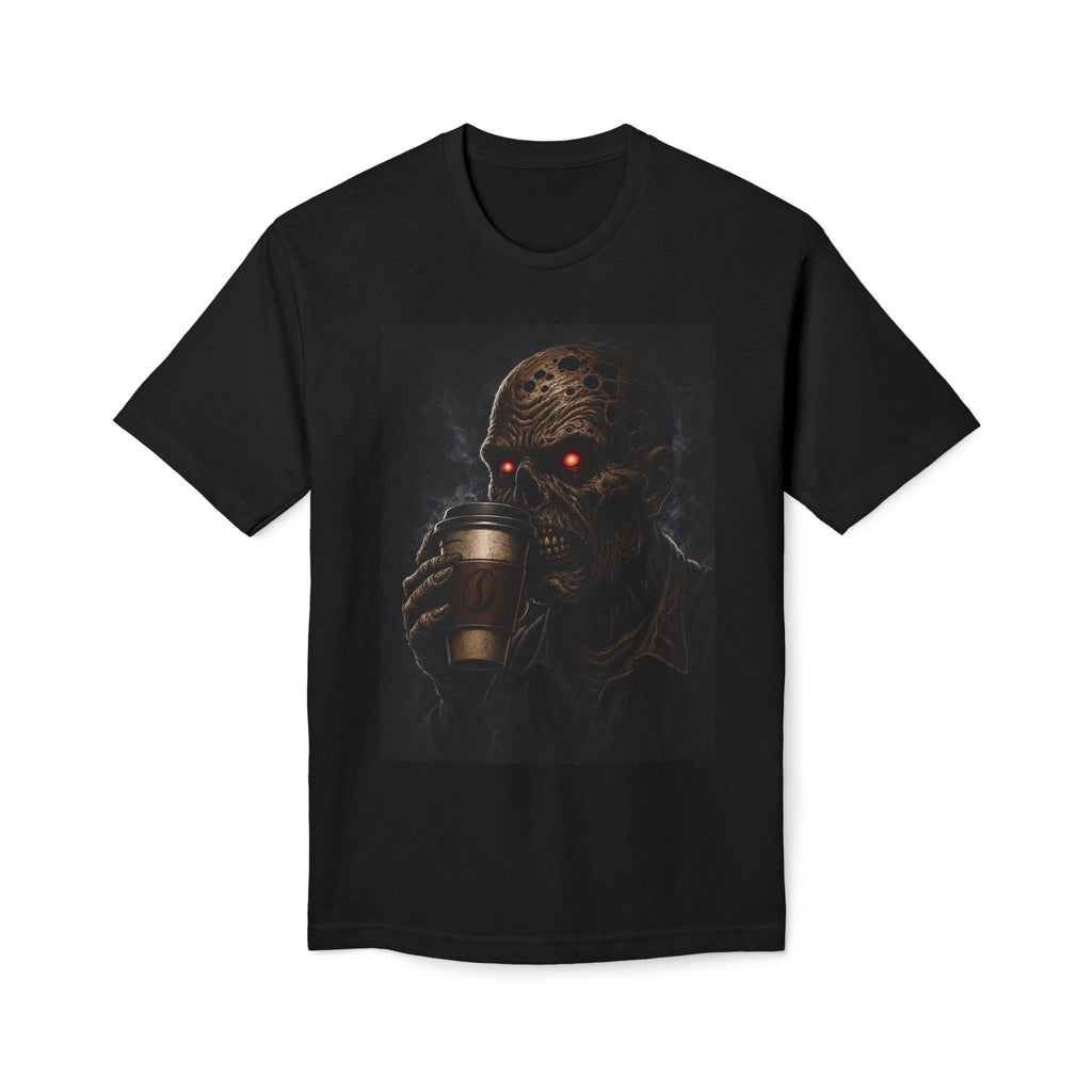 Horror Zombie Coffee T-Shirt — Red-Eyed Skull Drinking Coffee Graphic Tee