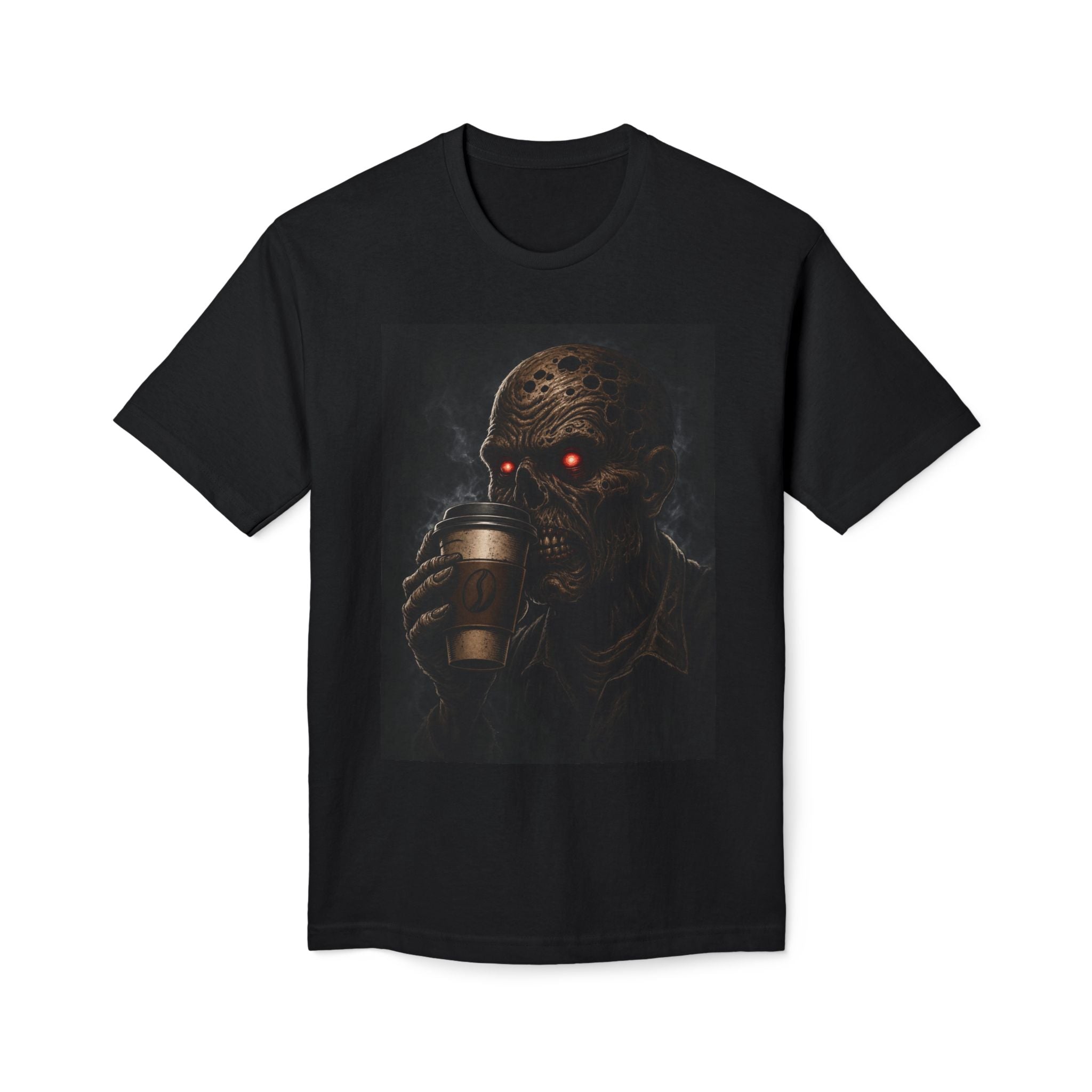 Horror Zombie Coffee T-Shirt — Red-Eyed Skull Drinking Coffee Graphic Tee