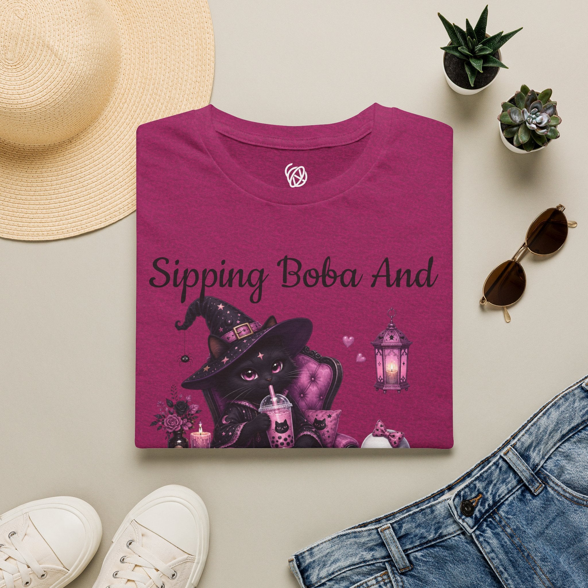 Witch Cat Graphic T-Shirt — Cute Halloween Cat with Lantern & Pumpkin