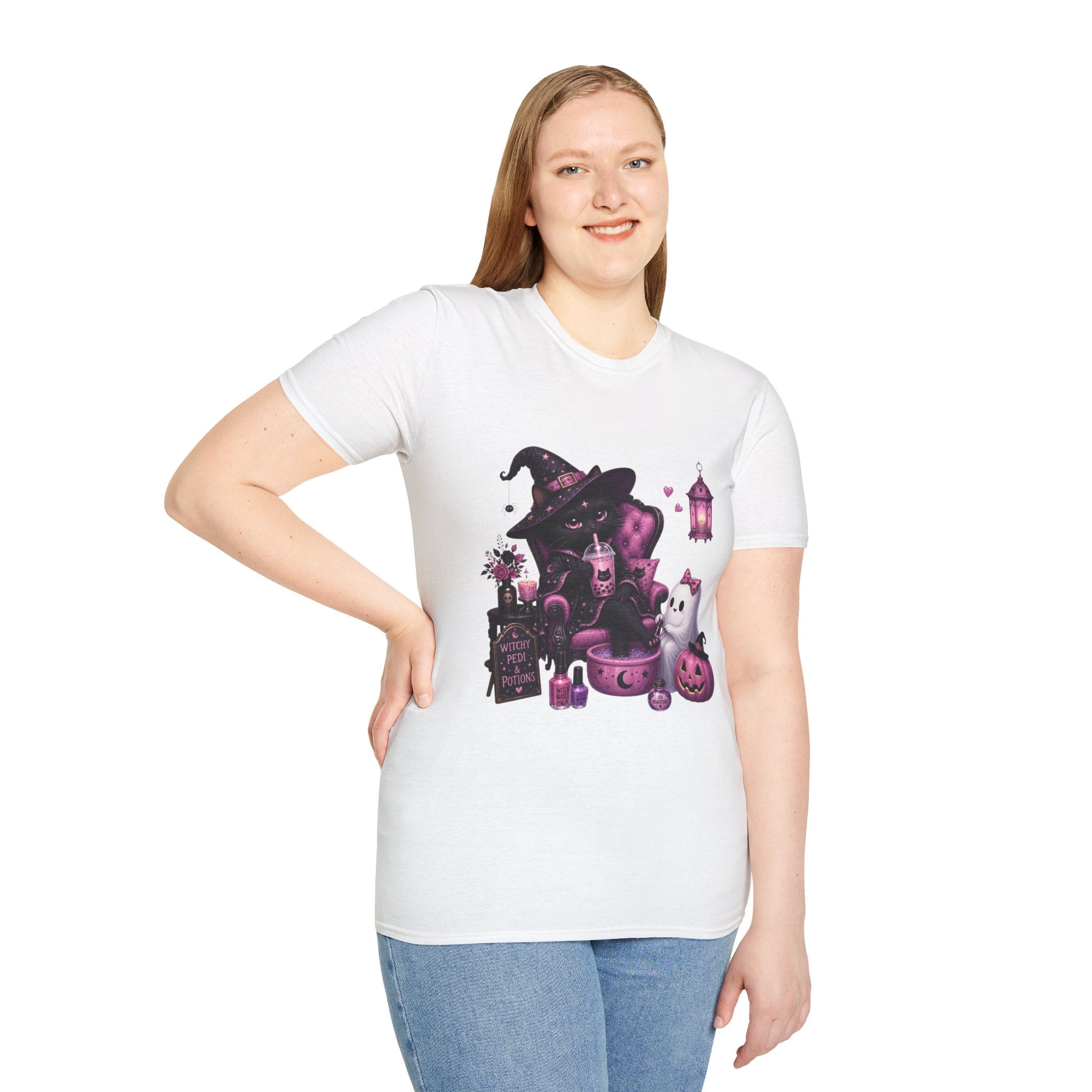 Witch Cat Graphic T-Shirt — Cute Halloween Cat with Lantern & Pumpkin