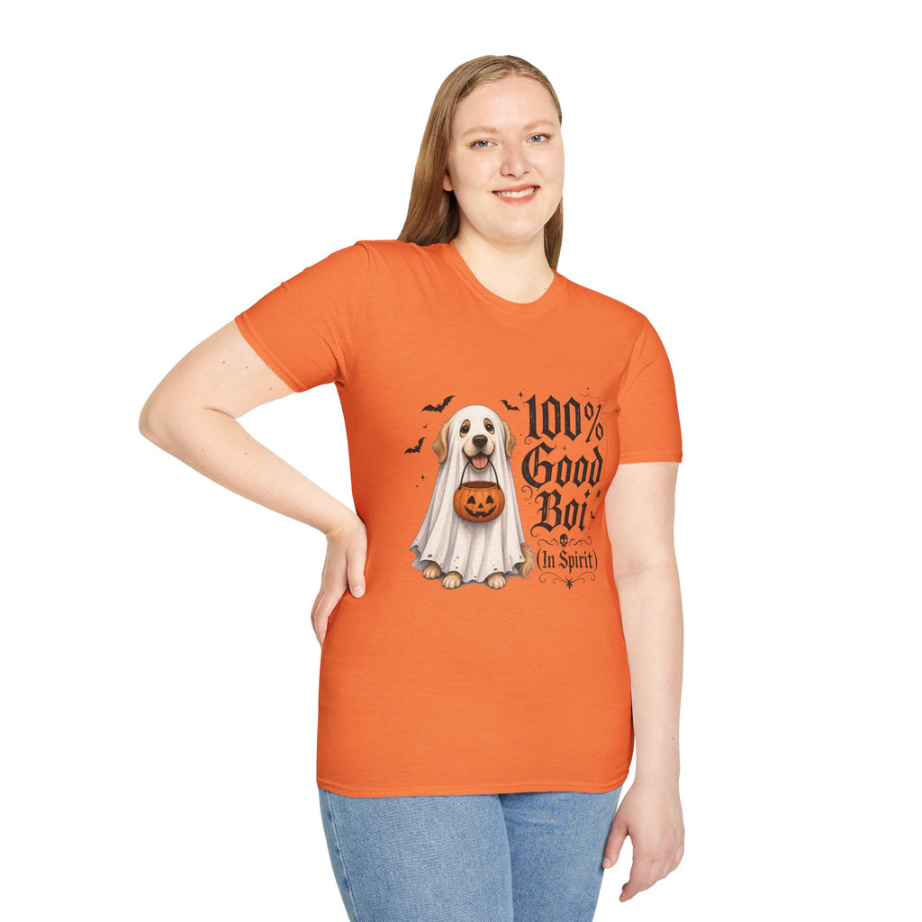 Halloween Dog T-Shirt - "100% Good Boi" Ghost Puppy with Pumpkin