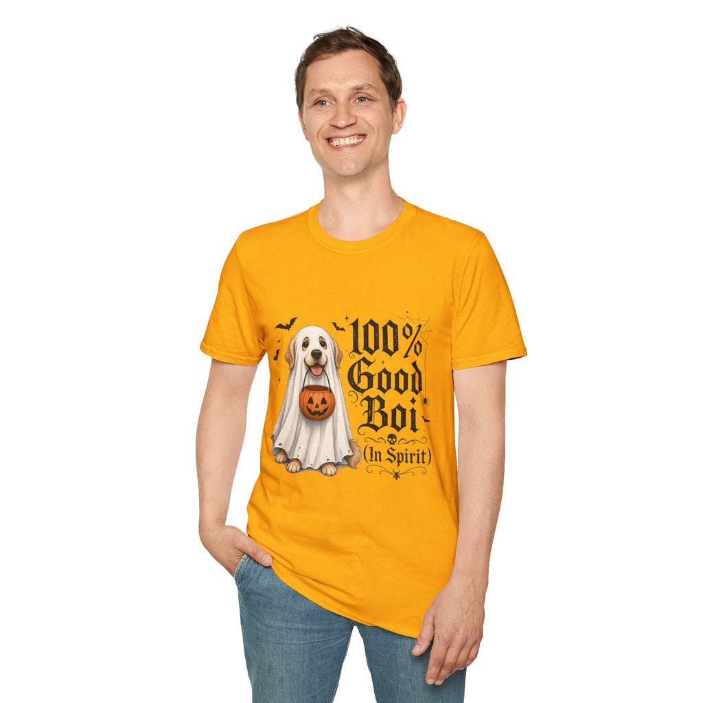 Halloween Dog T-Shirt - "100% Good Boi" Ghost Puppy with Pumpkin