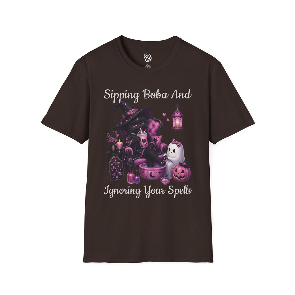 Witch Cat Graphic T-Shirt — Cute Halloween Cat with Lantern & Pumpkin