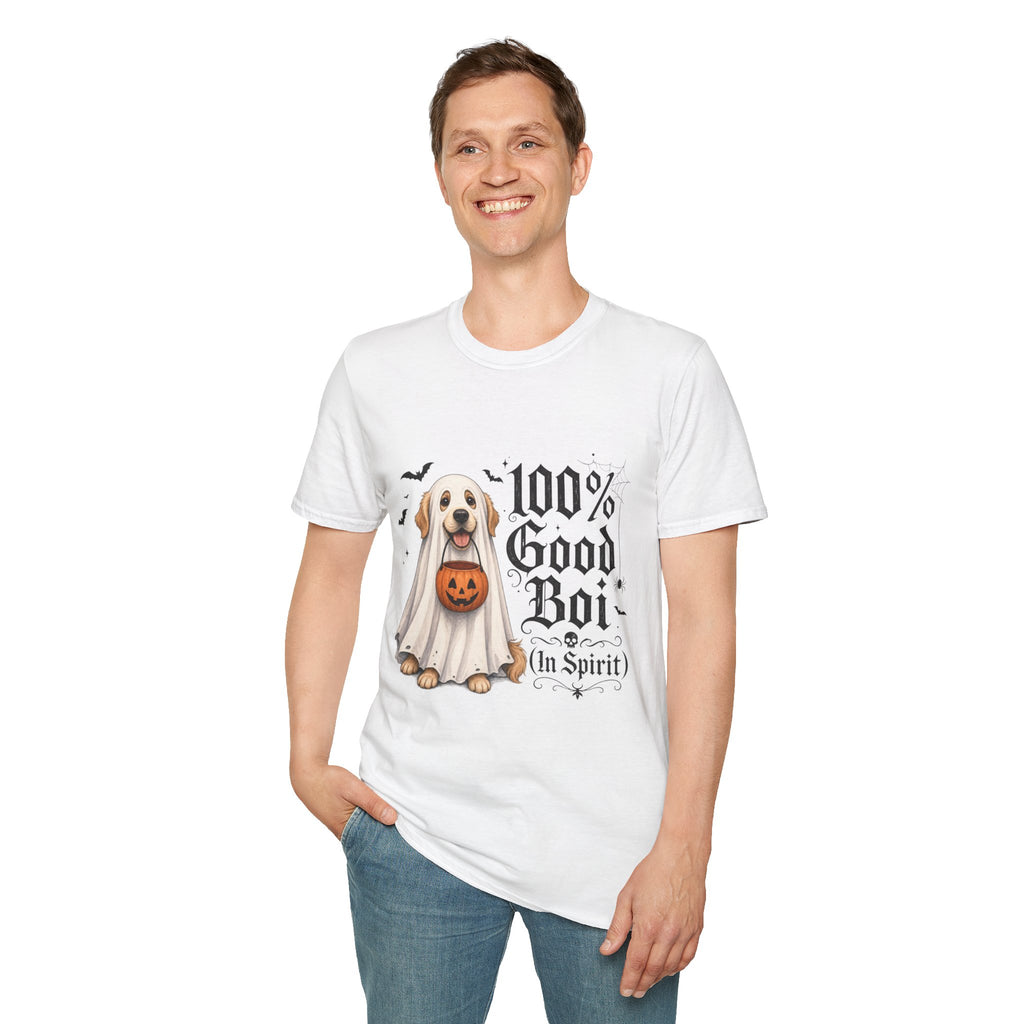 Halloween Dog T-Shirt - "100% Good Boi" Ghost Puppy with Pumpkin