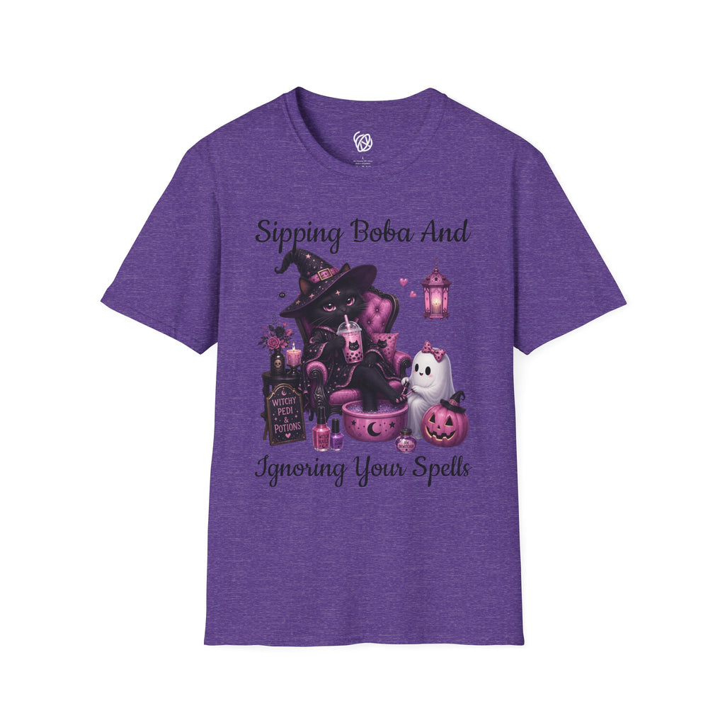 Witch Cat Graphic T-Shirt — Cute Halloween Cat with Lantern & Pumpkin