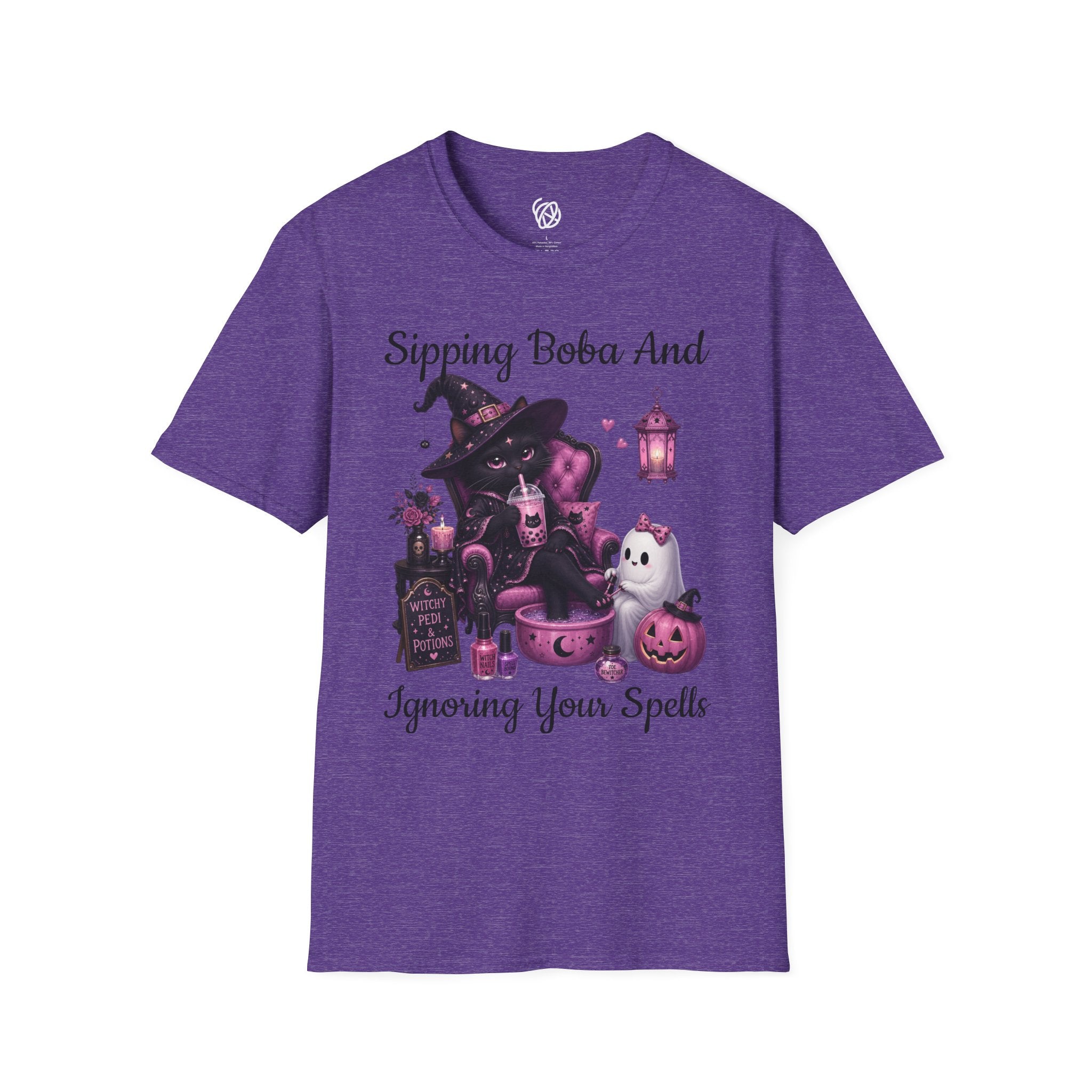 Witch Cat Graphic T-Shirt — Cute Halloween Cat with Lantern & Pumpkin