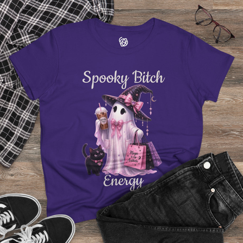 Spooky Bitch Energy Tee — Cute Witch Ghost Halloween T‑Shirt for Women